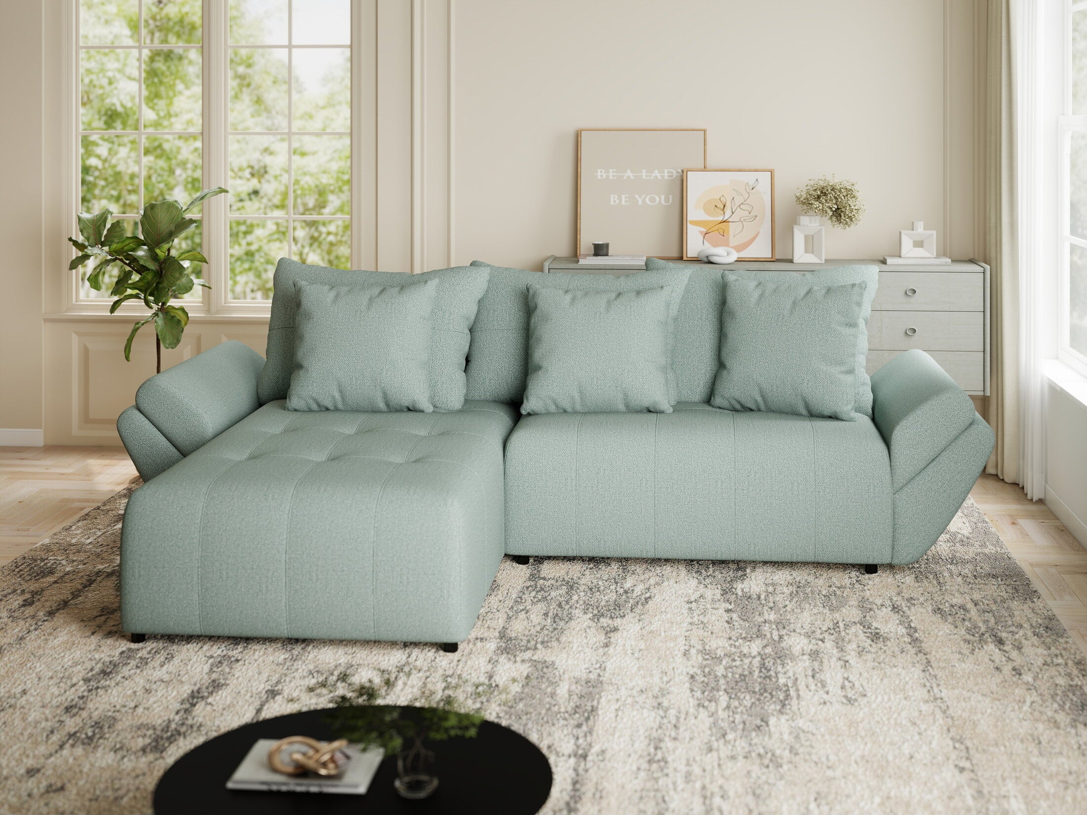 Colțar extensibil dumonde cu ladă de depozitare si sezut confortabil din spuma HR, Berlin Enjoy Verde Mint 280x185 cm