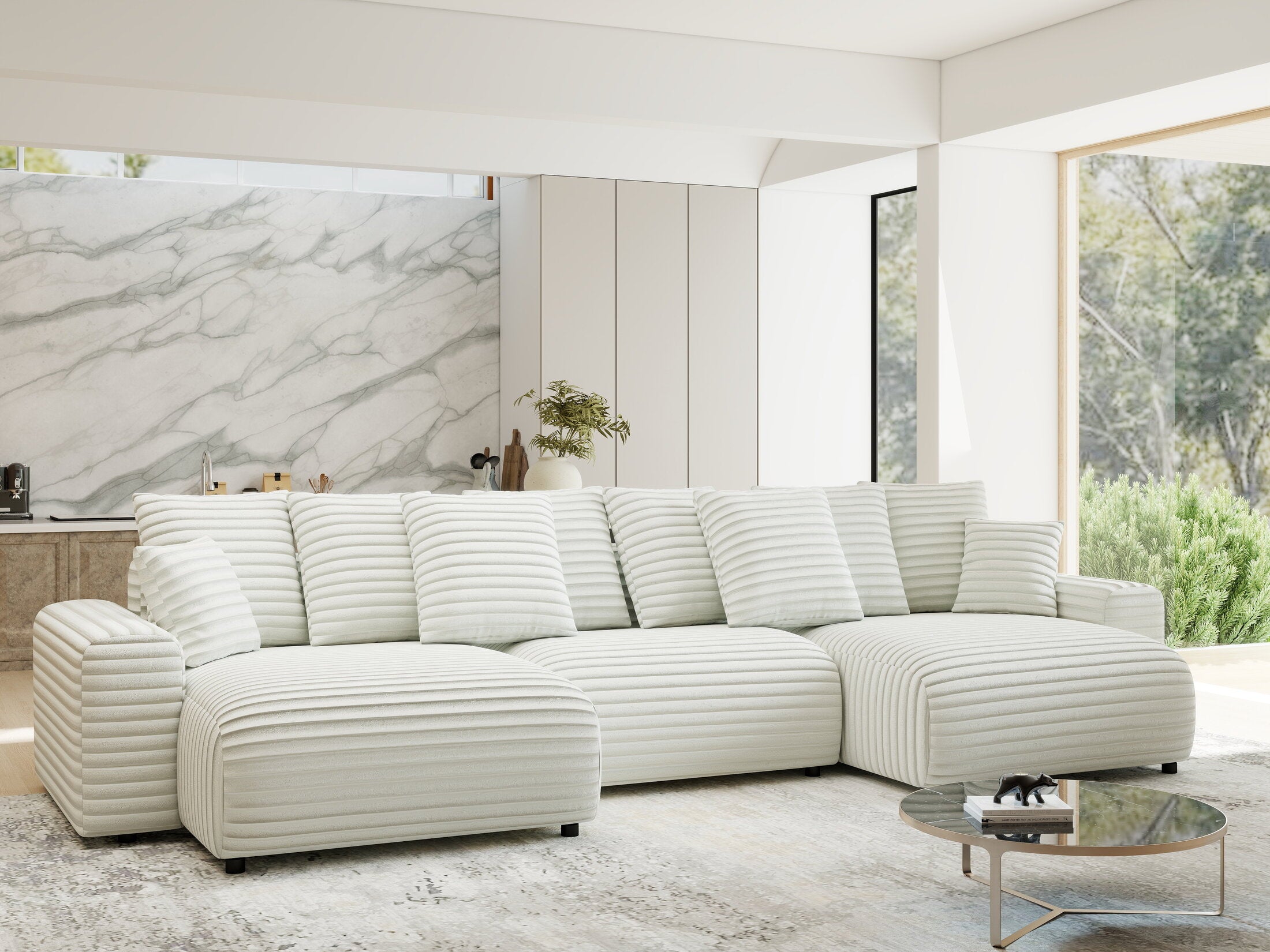 Colțar extensibil dumonde cu ladă de depozitare si sezut confortabil din spuma HR, Luma U Ambience Alb 336x140 cm