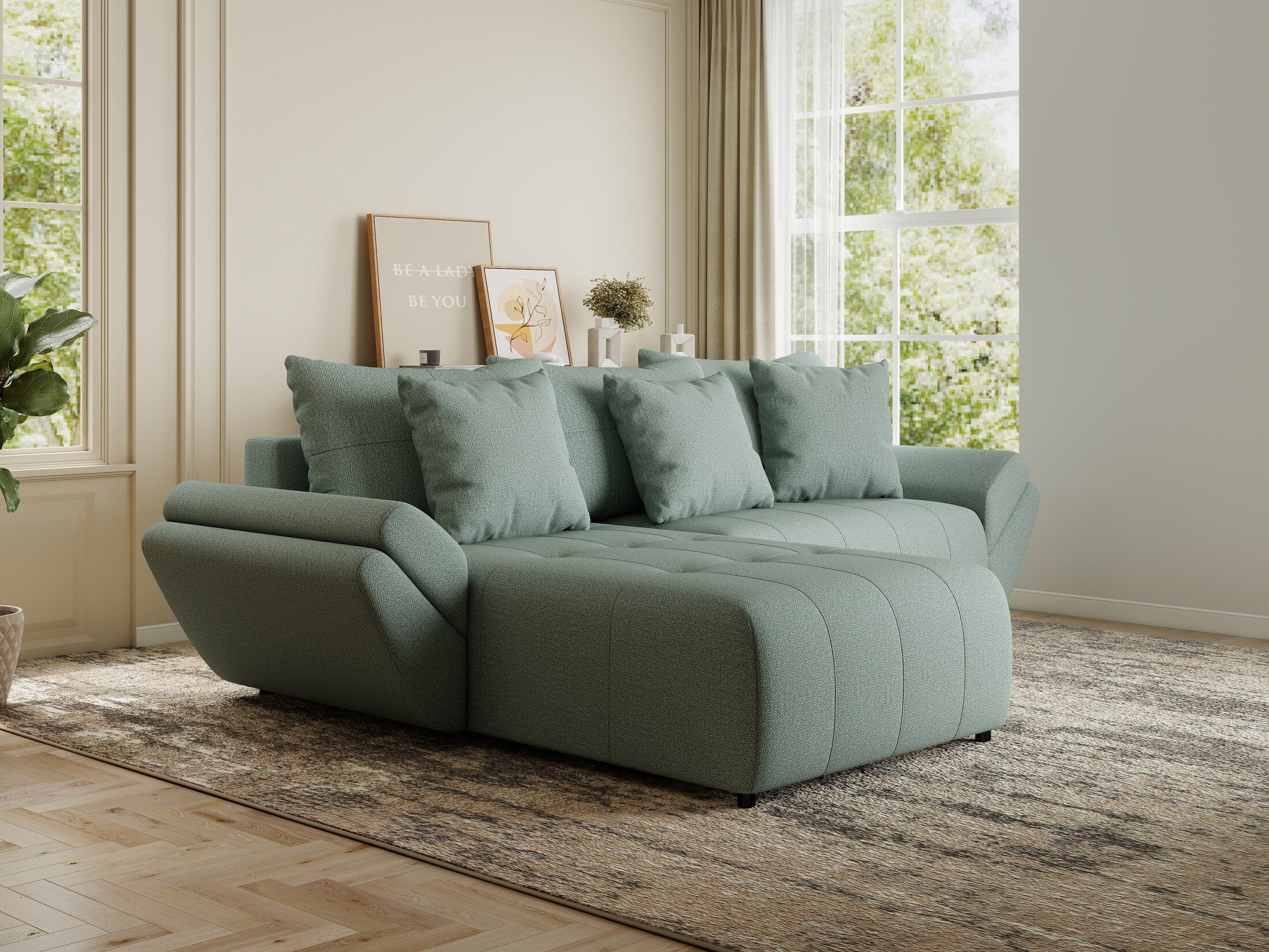 Colțar extensibil dumonde cu ladă de depozitare si sezut confortabil din spuma HR, Berlin Enjoy Verde Mint 280x185 cm