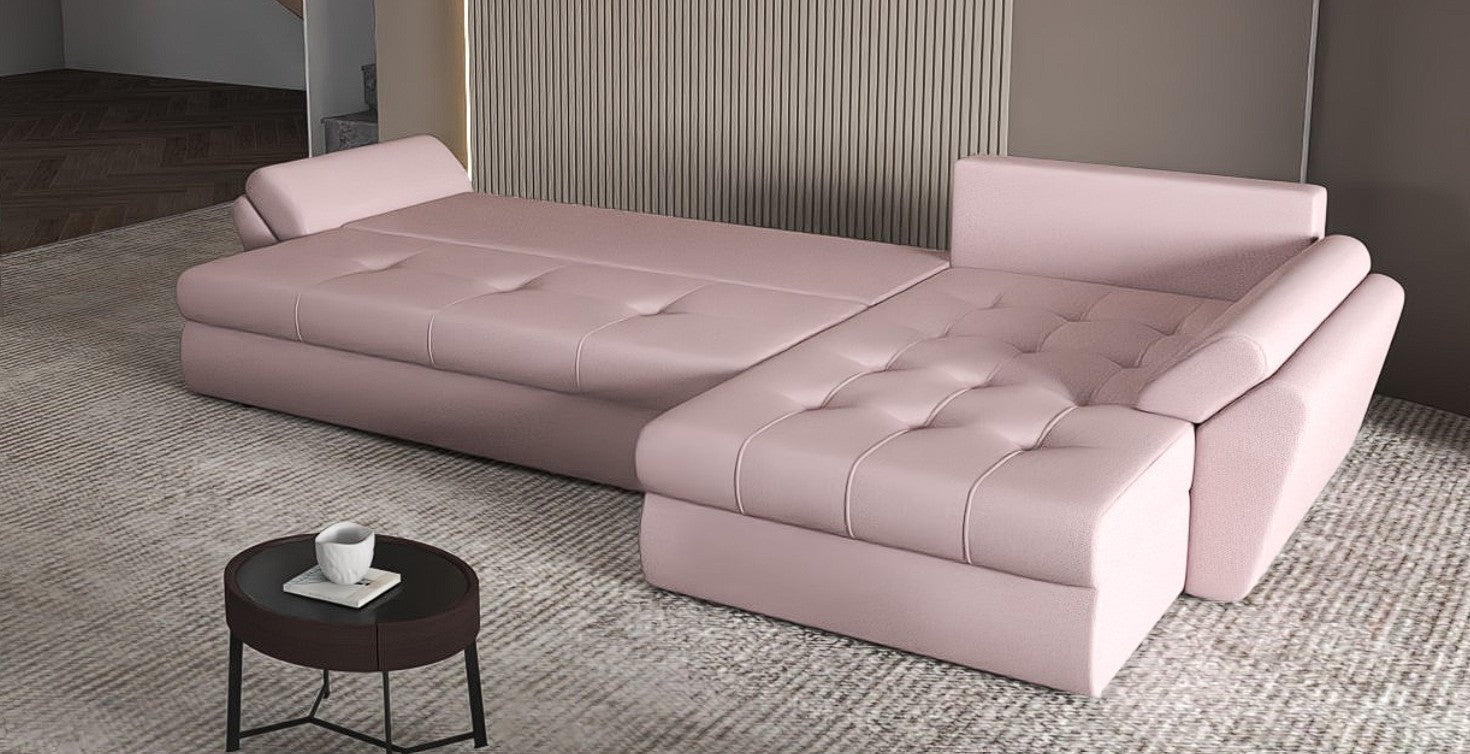 Colțar extensibil dumonde cu ladă de depozitare si sezut confortabil din spuma HR, Loana XL Enjoy Flamingo 335x185 cm Fabrica