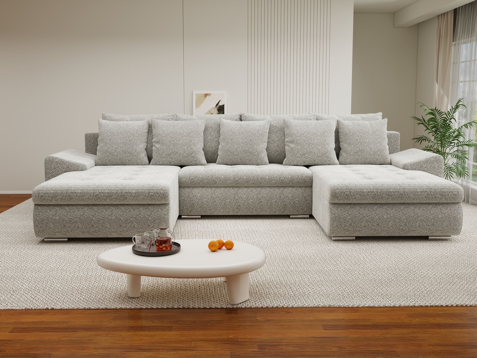 Colțar extensibil dumonde cu ladă de depozitare si sezut confortabil din spuma high-density, Leonardo U Arena Bej 02 360x185 cm