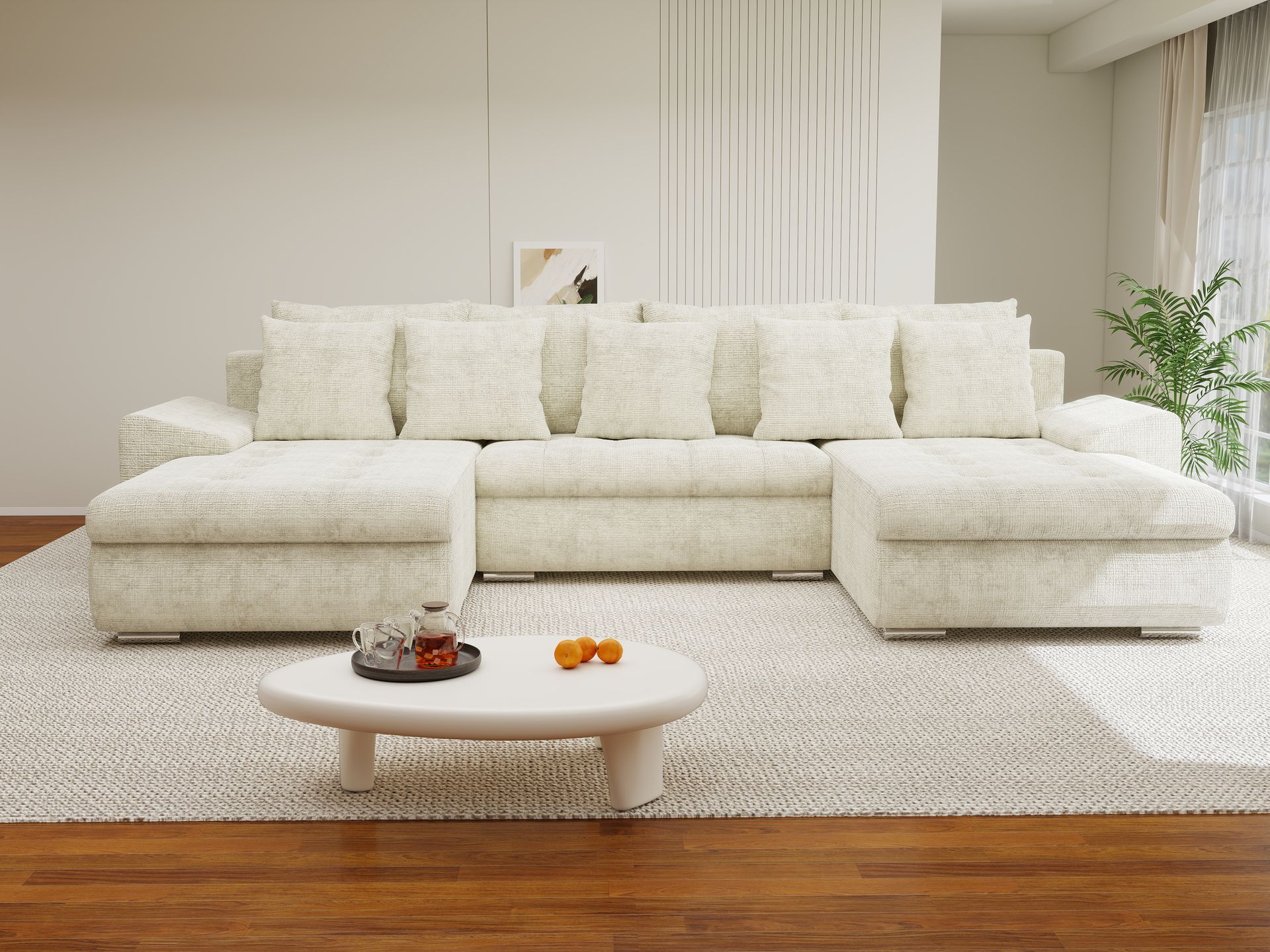 Colțar extensibil dumonde cu ladă de depozitare si sezut confortabil din spuma high-density, Leonardo U Cremona Bej 01 360x185 cm