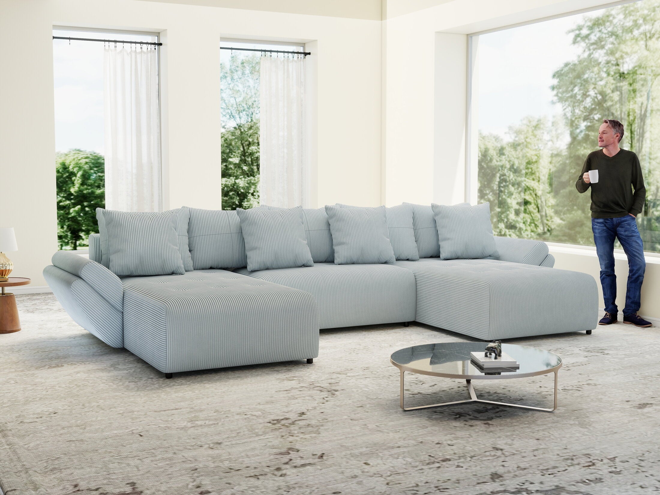 Colțar extensibil dumonde cu ladă de depozitare si sezut confortabil din spuma HR, Berlin U Zoom GREY 380x180 cm