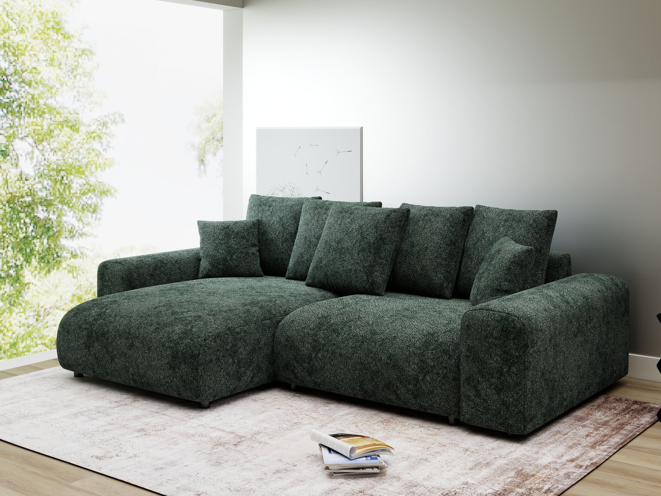 Colțar extensibil dumonde cu ladă de depozitare și șezut confortabil din spumă HR, Luma Euphoria Verde 255x168 cm