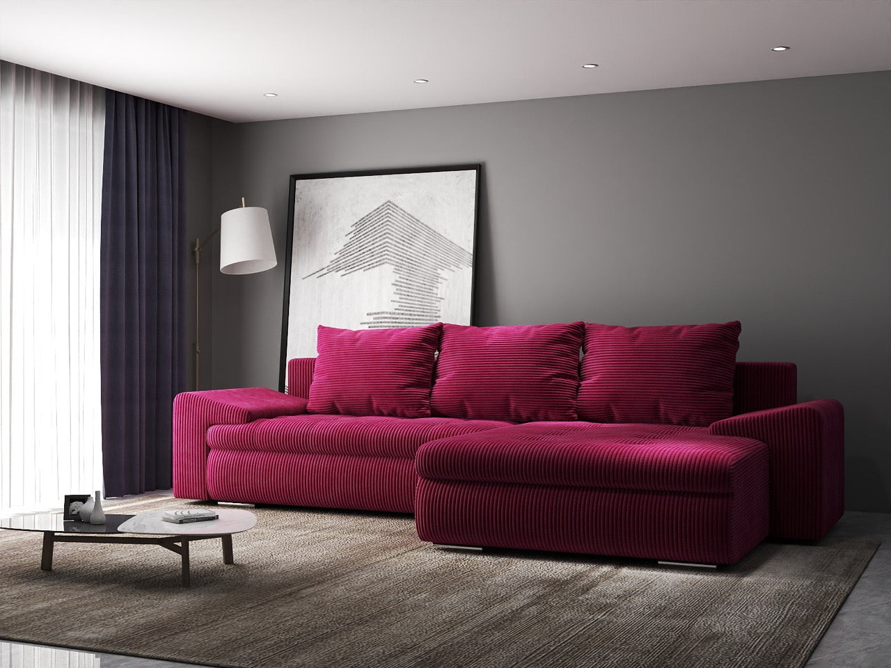 Colțar extensibil dumonde cu ladă de depozitare si sezut confortabil din spuma HR, Leonardo Zoom Rosu 260x185 cm II Fabrica