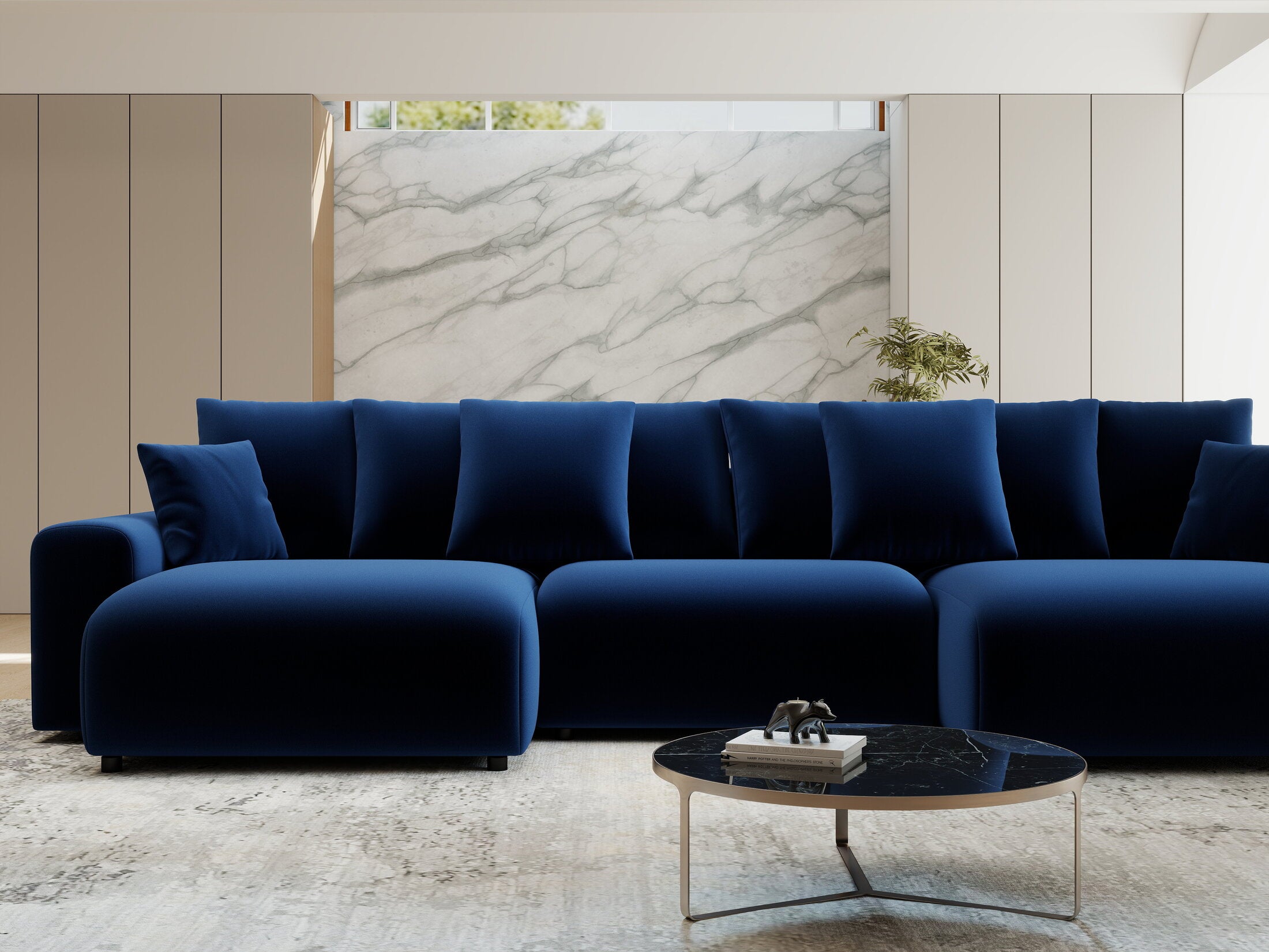 Colțar extensibil dumonde cu ladă de depozitare si sezut confortabil din spuma HR, Luma U Royal Albastru Navy 336x140 cm