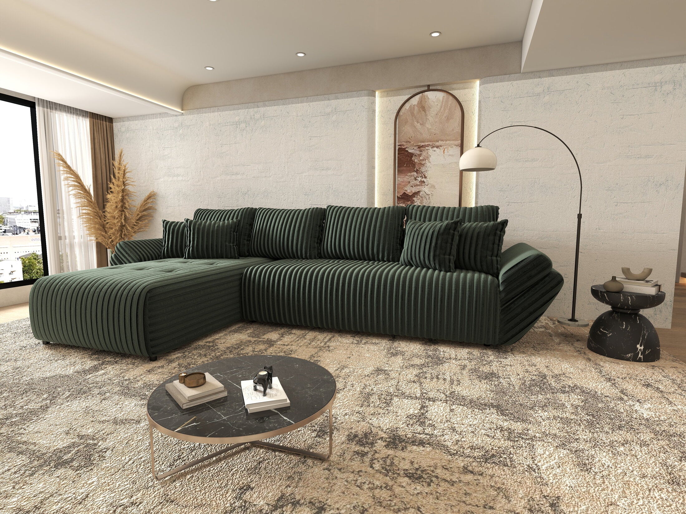 Colțar extensibil dumonde cu ladă de depozitare si sezut confortabil din spuma HR, Berlin XL Ambience Green 350x185 cm