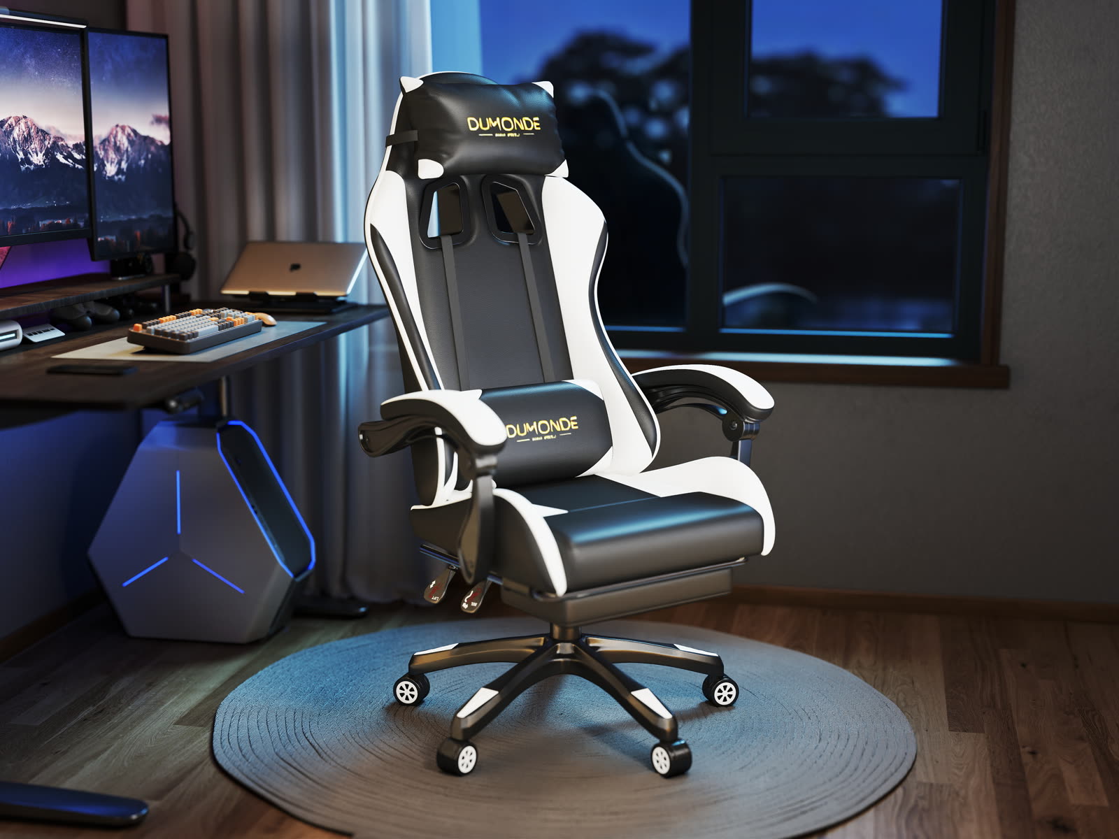 Scaun gaming Dumonde NIGHTFAL, mecanism multifuncțional, ecopiele, suport picioare, alb/negru