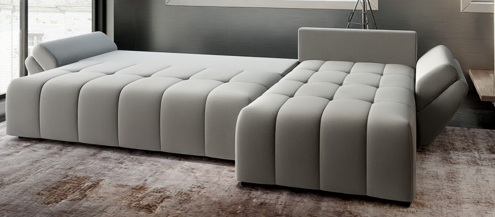 Colțar extensibil dumonde cu ladă de depozitare si sezut confortabil din spuma HR, Berlin XL Royal Gri 350x185 cm II Fabrica