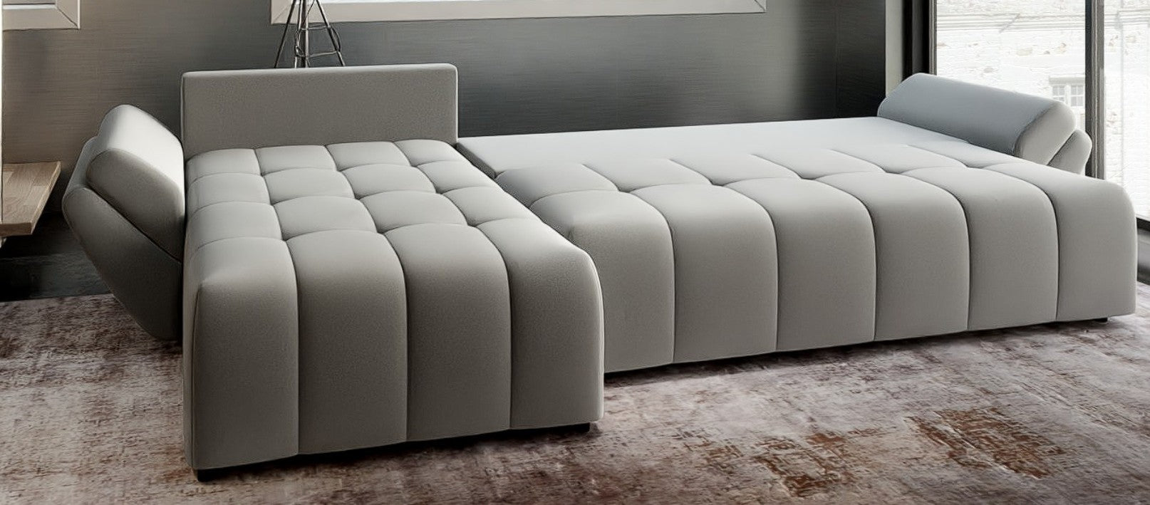 Colțar extensibil dumonde cu ladă de depozitare si sezut confortabil din spuma HR, Berlin XL Royal Gri 350x185 cm Fabrica