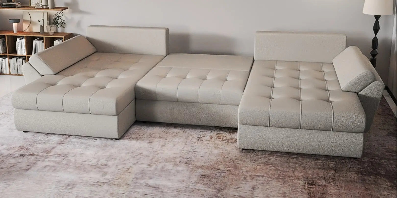 Colțar extensibil dumonde cu ladă de depozitare si sezut confortabil din spuma HR, Loana Bej U 355x185 cm Fabrica