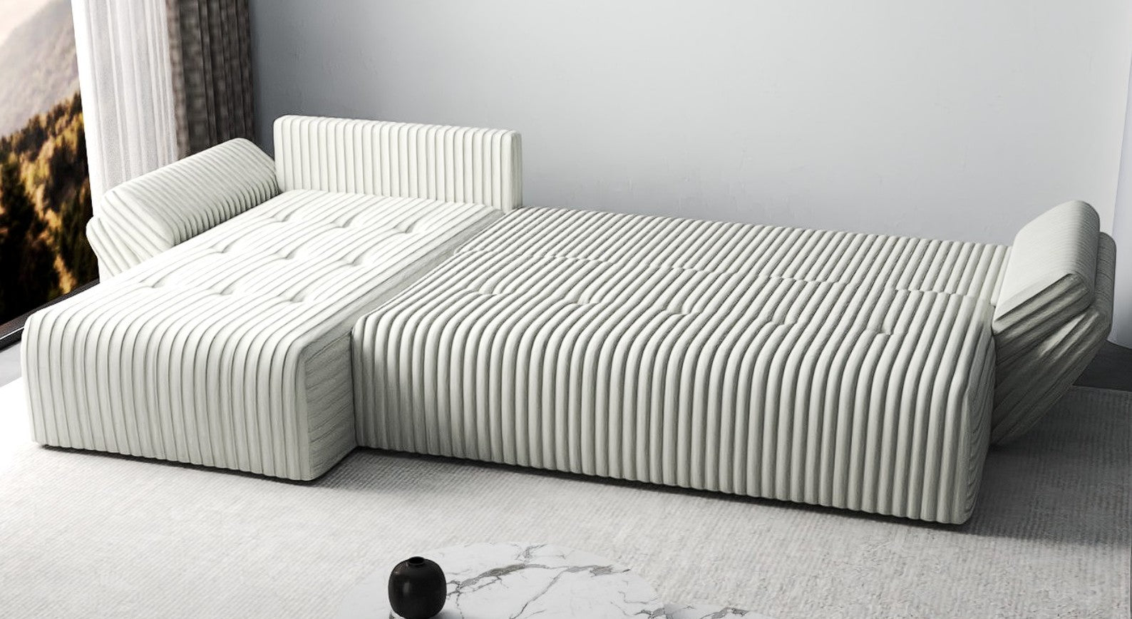 Colțar extensibil dumonde cu ladă de depozitare si sezut confortabil din spuma HR, Berlin XL Ambience Ivory 350x185 cm Fabrica