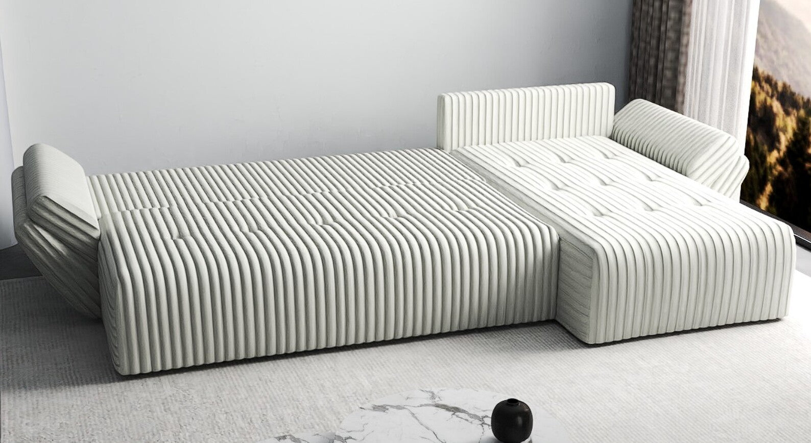 Colțar extensibil dumonde cu ladă de depozitare si sezut confortabil din spuma HR, Berlin XL Ambience Ivory II 350x185 cm Fabrica