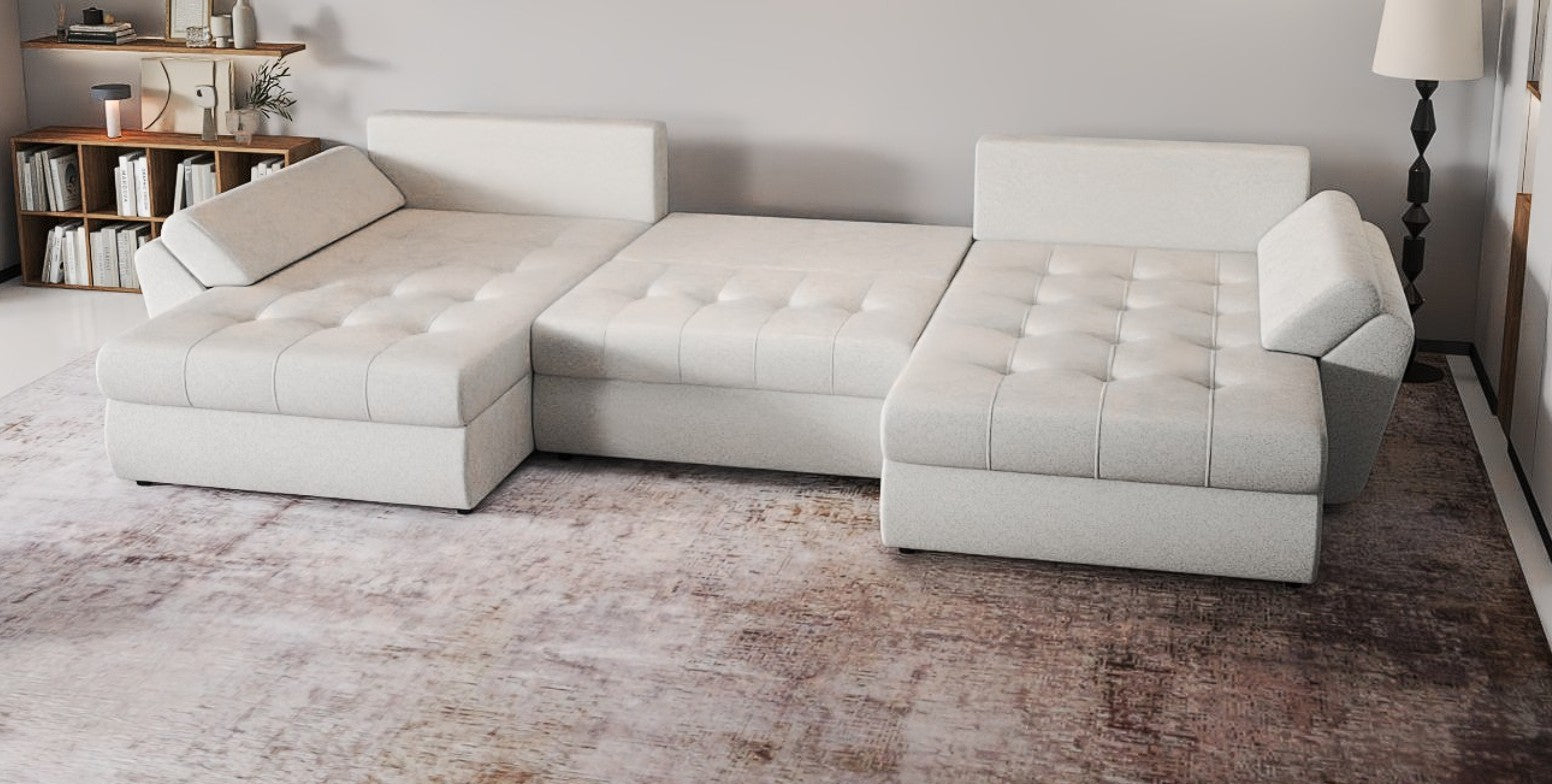 Colțar extensibil dumonde cu ladă de depozitare si sezut confortabil din spuma HR, Loana U Euphoria Ivory 355x185 cm Fabrica