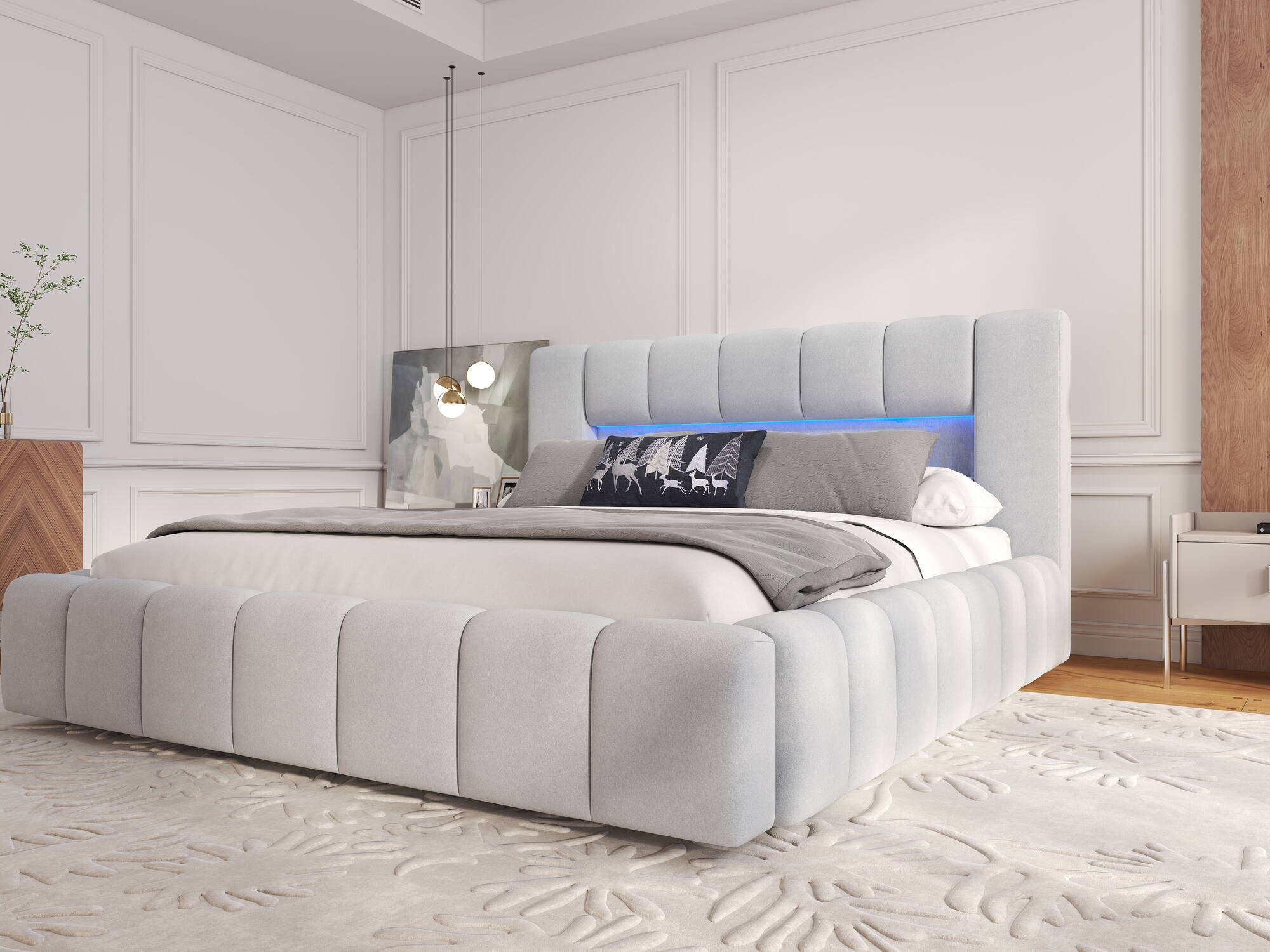 Pat dormitor dumonde, tapitat bej, Palermo 180X200 cm, somiera rabatabila inclusa, spatiu depozitare