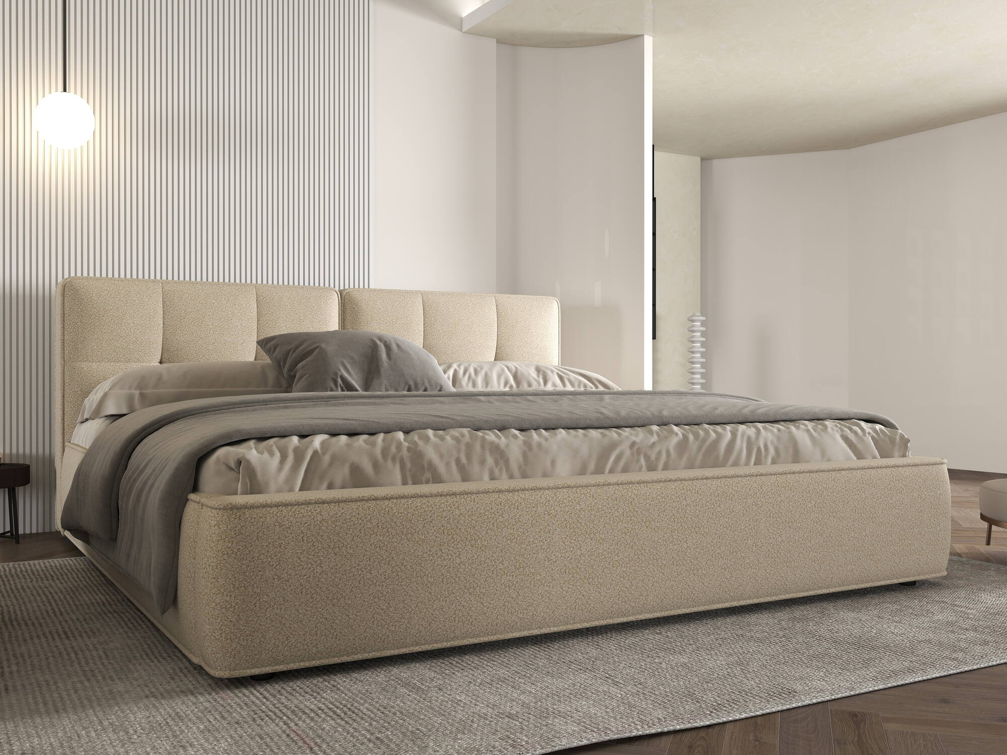 Pat dormitor dumonde, tapitat bej, Vegas 180x200 cm, somiera rabatabila inclusa, spatiu depozitare