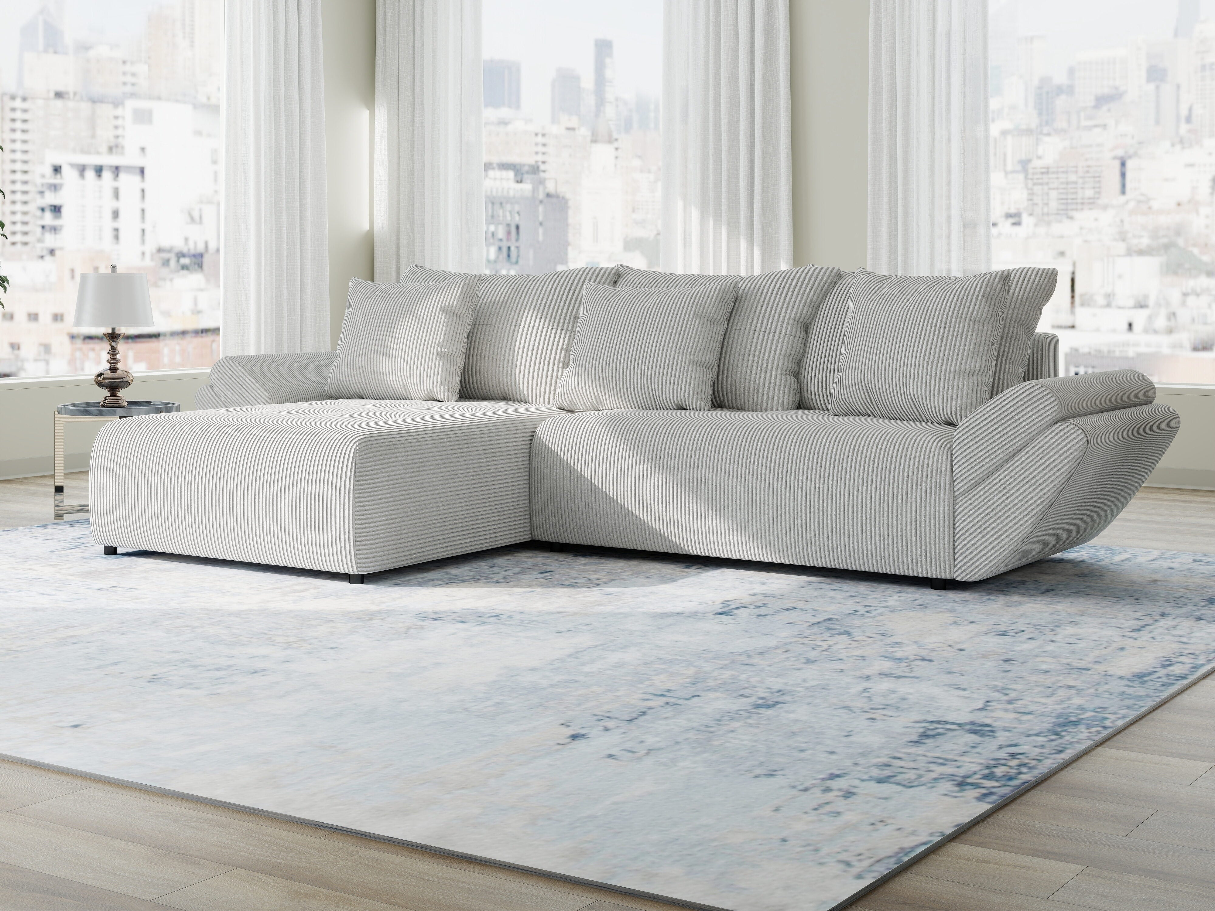 Colțar extensibil dumonde cu ladă de depozitare si sezut confortabil din spuma HR, Berlin Zoom Gri 280x185 cm