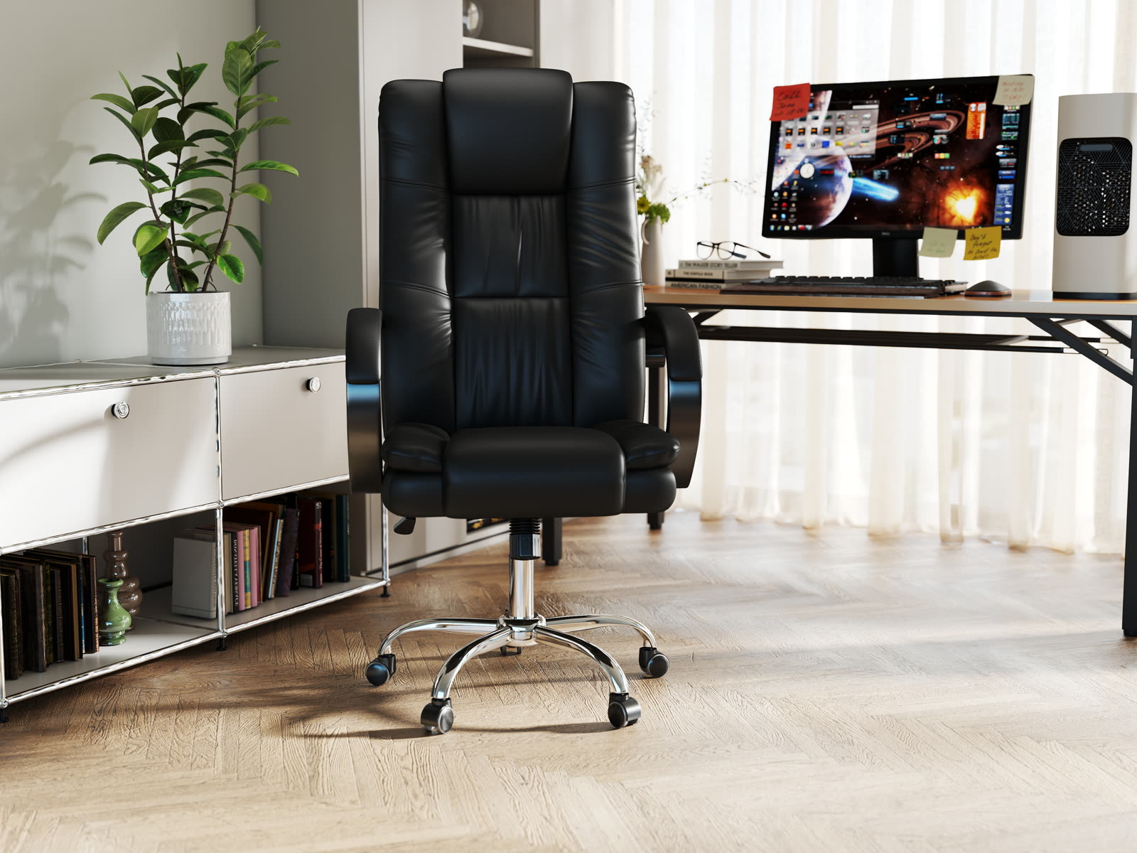 Scaun Dumonde IRONCLAD, cotiere 3D, mecanism multifuncțional, ecopiele, suport picioare, negru