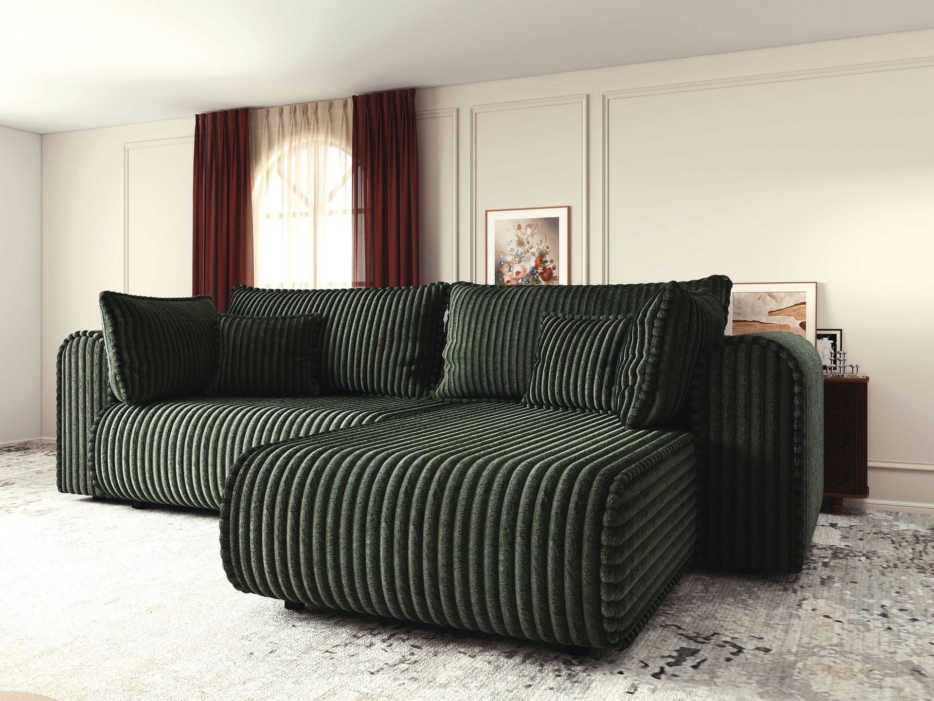 Colțar extensibil dumonde cu ladă de depozitare si sezut confortabil din spuma high-density, Monaco L Tilia Verde II 270x100 cm
