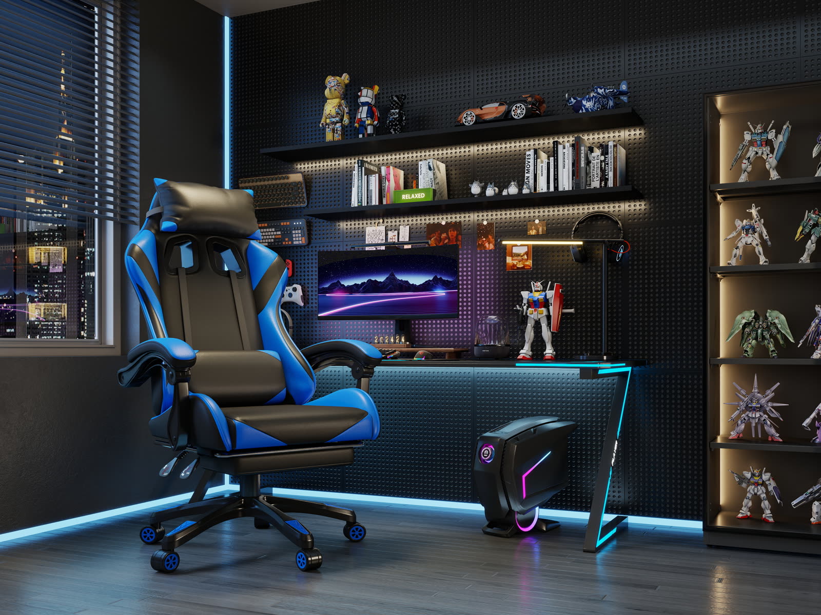 Scaun gaming Dumonde PREDATOR, mecanism multifuncțional, ecopiele, suport picioare, albastru/negru