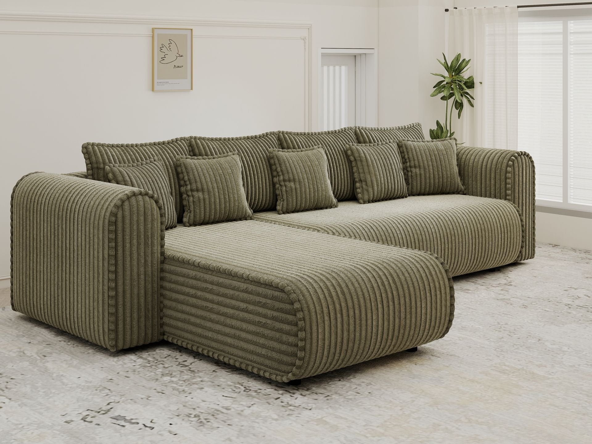 Colțar extensibil dumonde cu ladă de depozitare si sezut confortabil din spuma high-density, Monaco XL Tilia Olive 340x185 cm