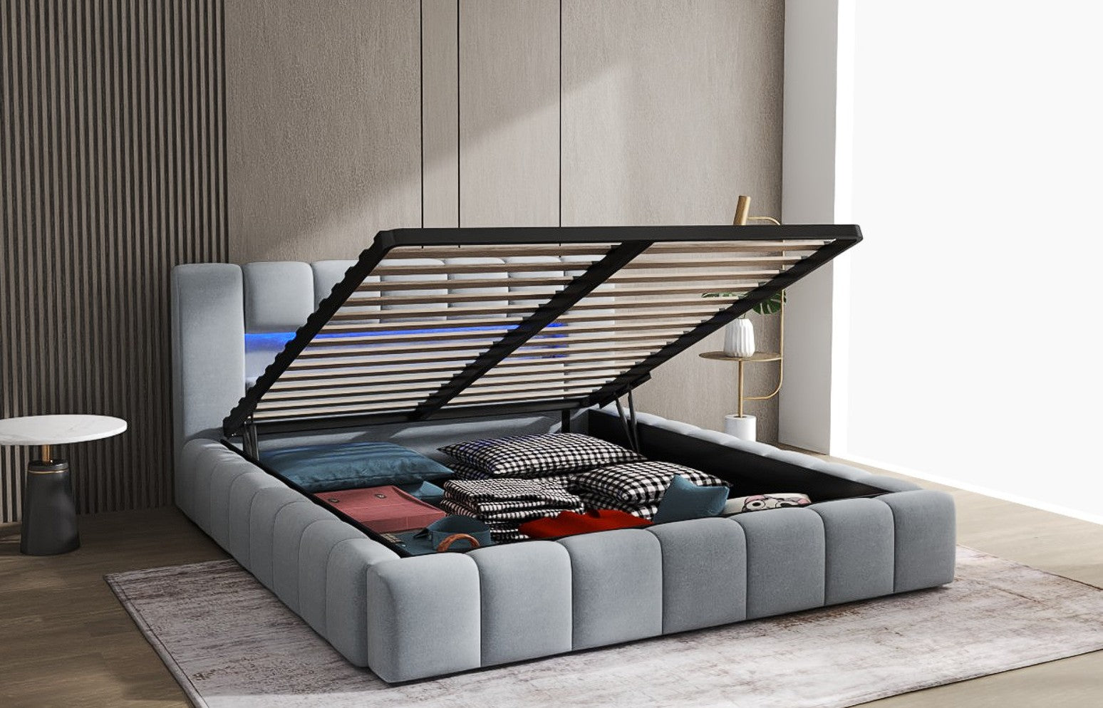 Pat dormitor dumonde, tapitat gri cu LED si USB, Palermo 160x200 cm, somiera rabatabila inclusa, spatiu depozitare