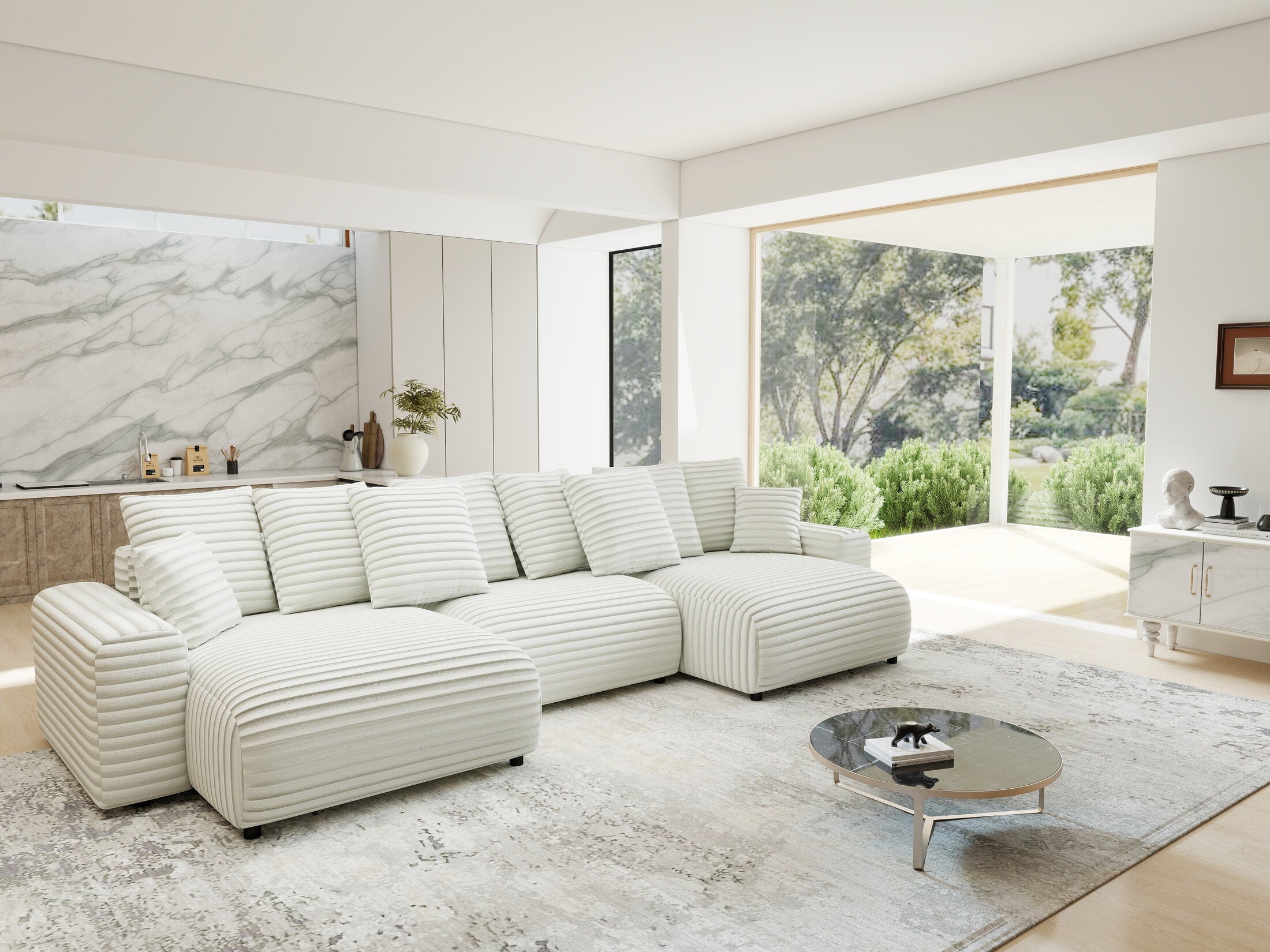 Colțar extensibil dumonde cu ladă de depozitare si sezut confortabil din spuma HR, Luma U Ambience Alb 336x140 cm