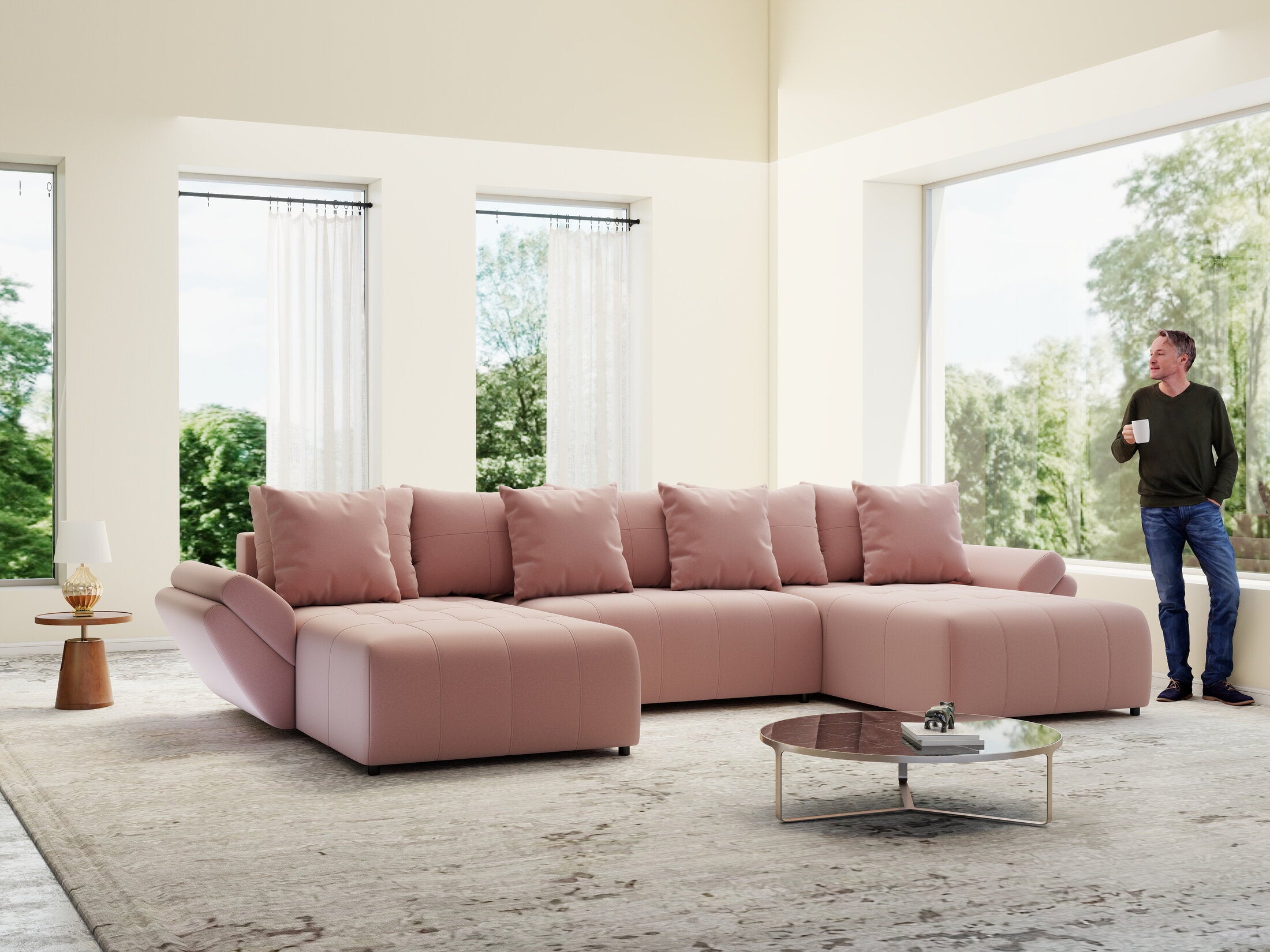 Colțar extensibil dumonde cu ladă de depozitare si sezut confortabil din spuma HR, Berlin U Royal Roz 380x180 cm