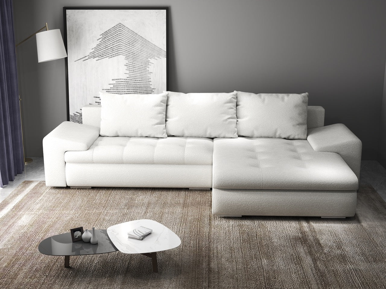 Colțar extensibil dumonde cu ladă de depozitare si sezut confortabil din spuma HR, Leonardo Euphoria Ivory 260x185 cm II Fabrica