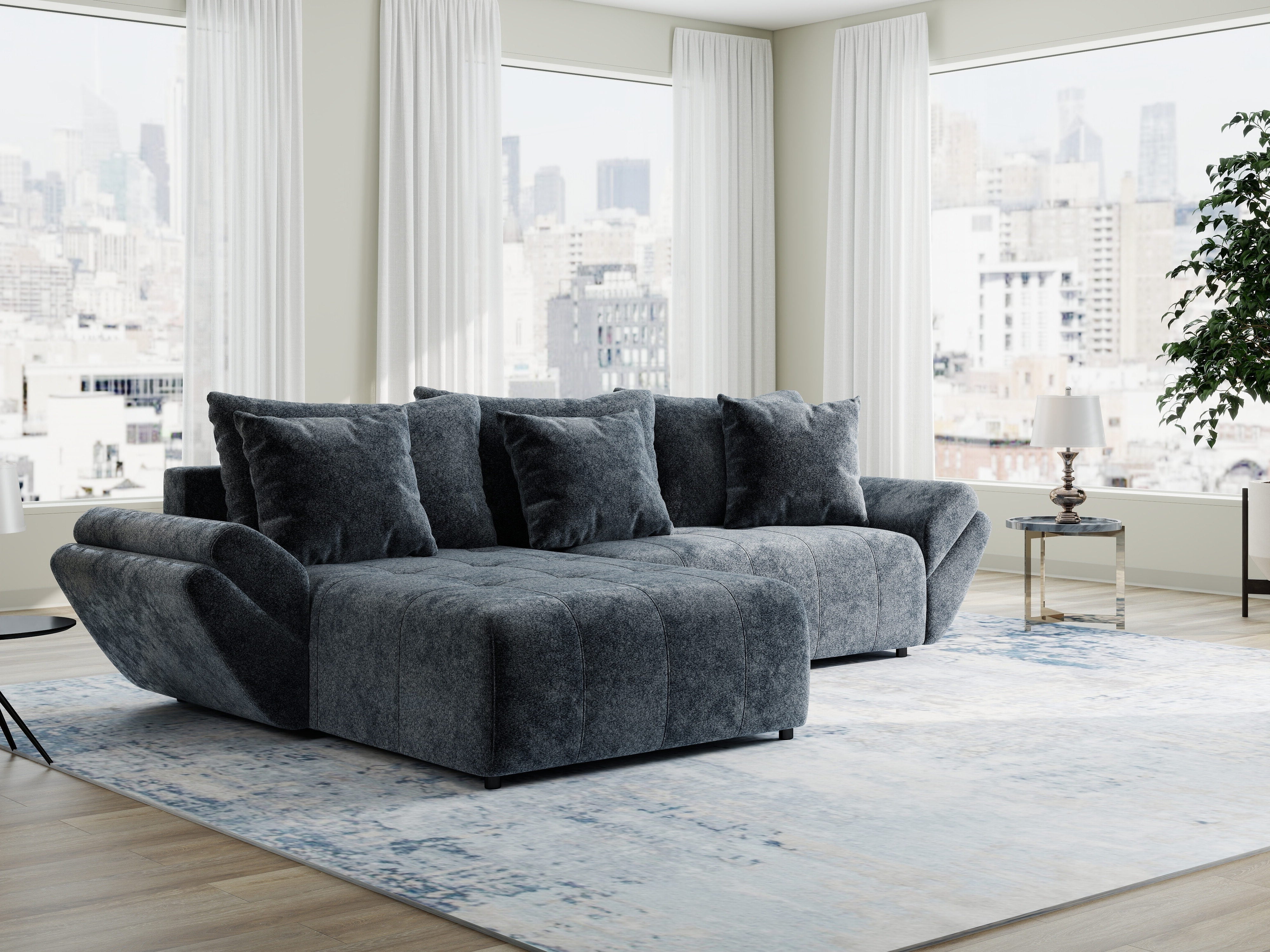 Colțar extensibil dumonde cu ladă de depozitare si sezut confortabil din spuma HR, Berlin Euphoria Gri Grafit 280x185 cm