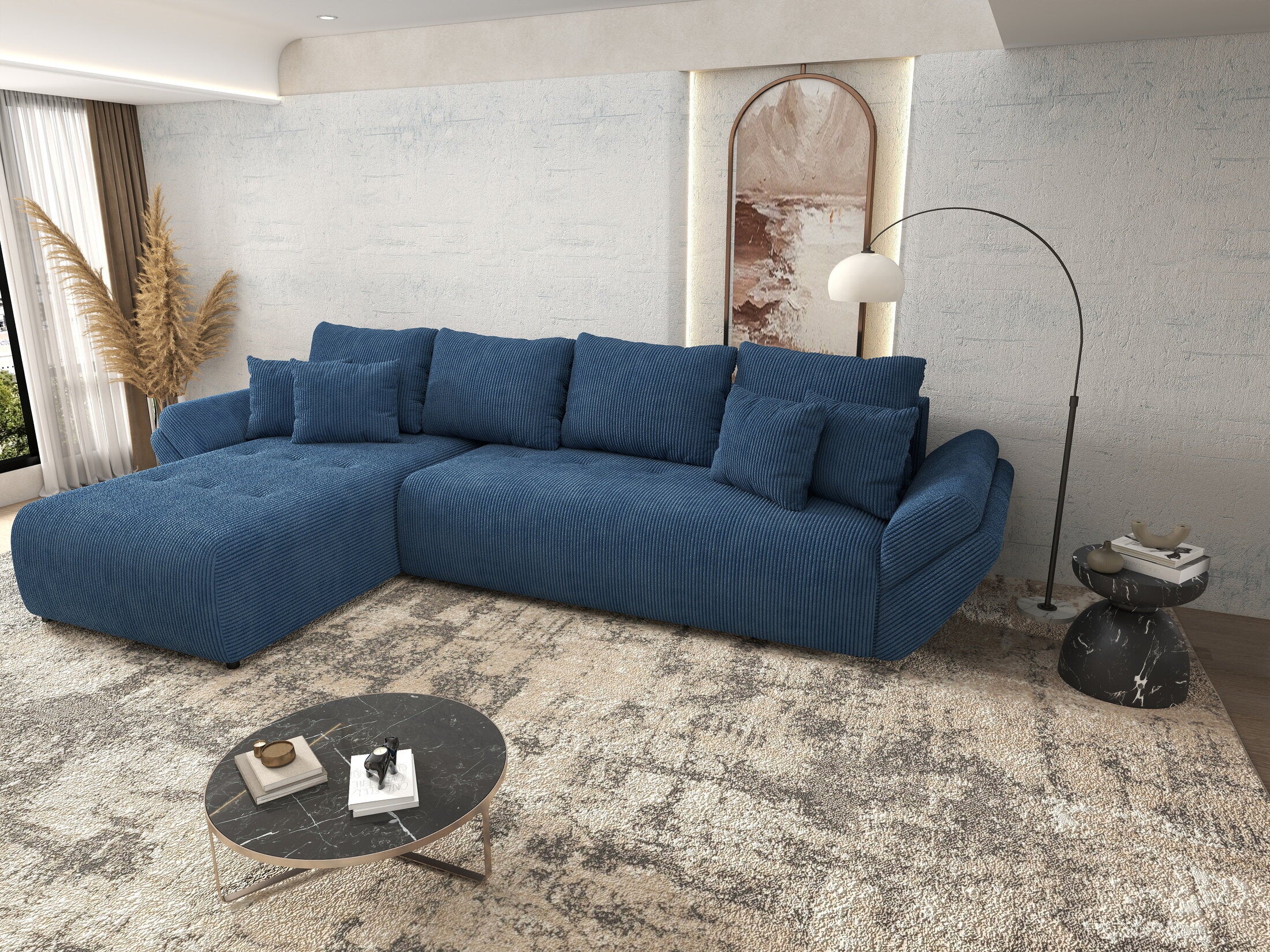 Colțar extensibil dumonde cu ladă de depozitare si sezut confortabil din spuma HR, Berlin XL Zoom Blue 350x185 cm