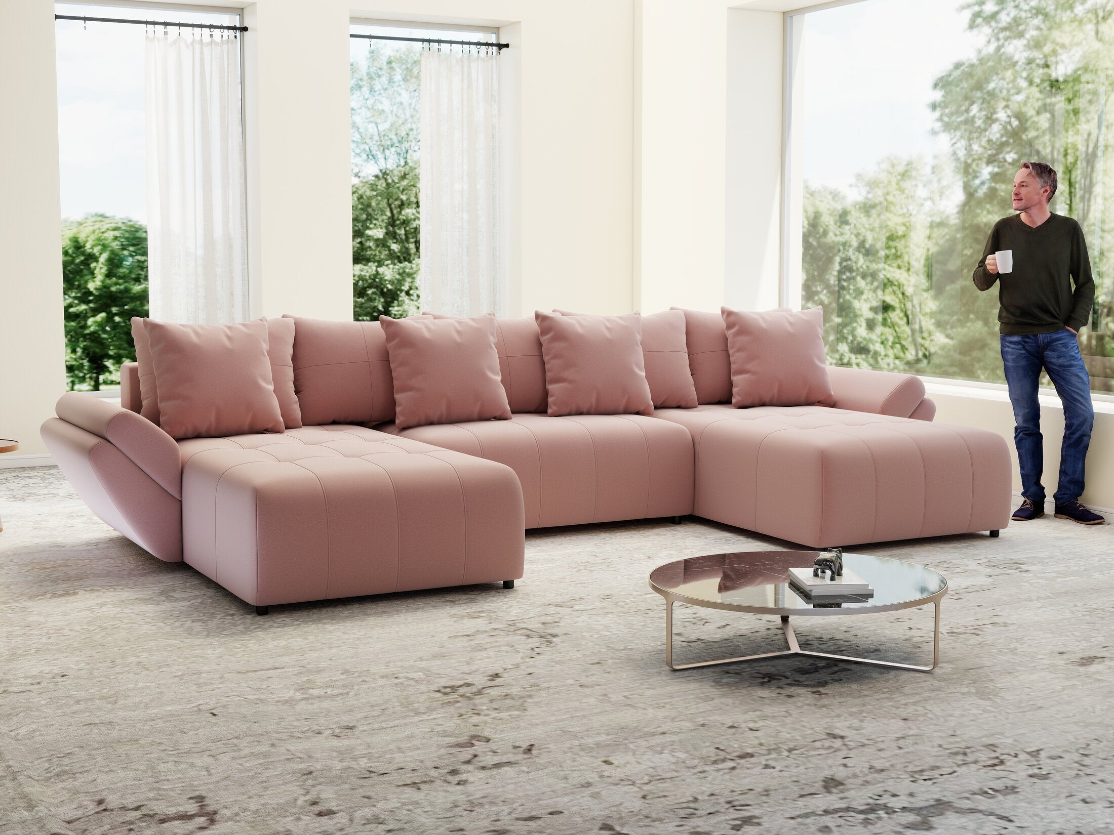 Colțar extensibil dumonde cu ladă de depozitare si sezut confortabil din spuma HR, Berlin U Royal Roz 380x180 cm