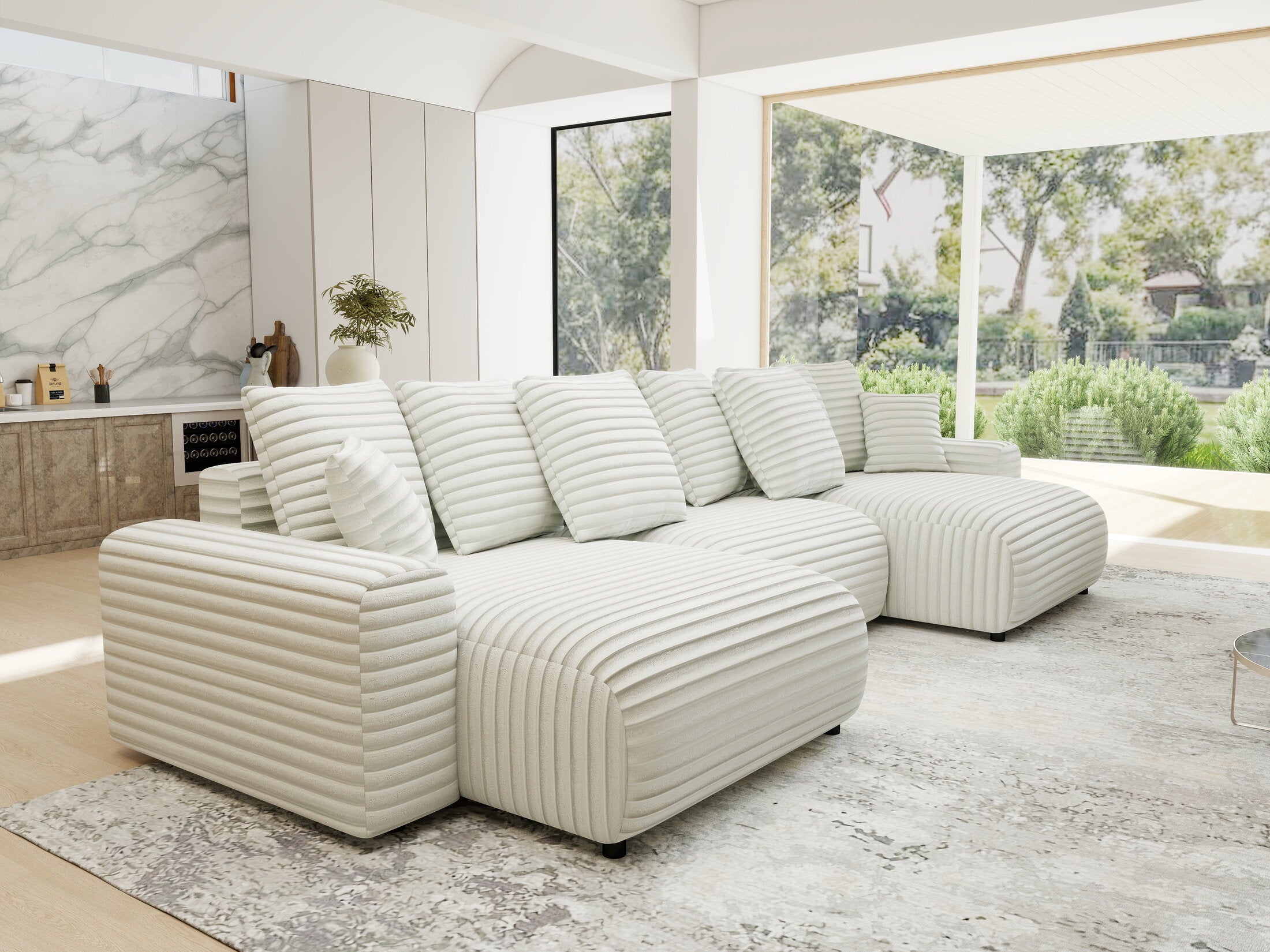 Colțar extensibil dumonde cu ladă de depozitare si sezut confortabil din spuma HR, Luma U Ambience Alb 336x140 cm