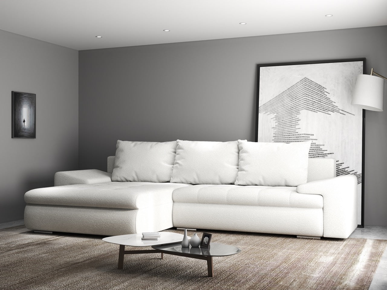 Colțar extensibil dumonde cu ladă de depozitare si sezut confortabil din spuma HR, Leonardo Euphoria Ivory 260x185 cm Fabrica