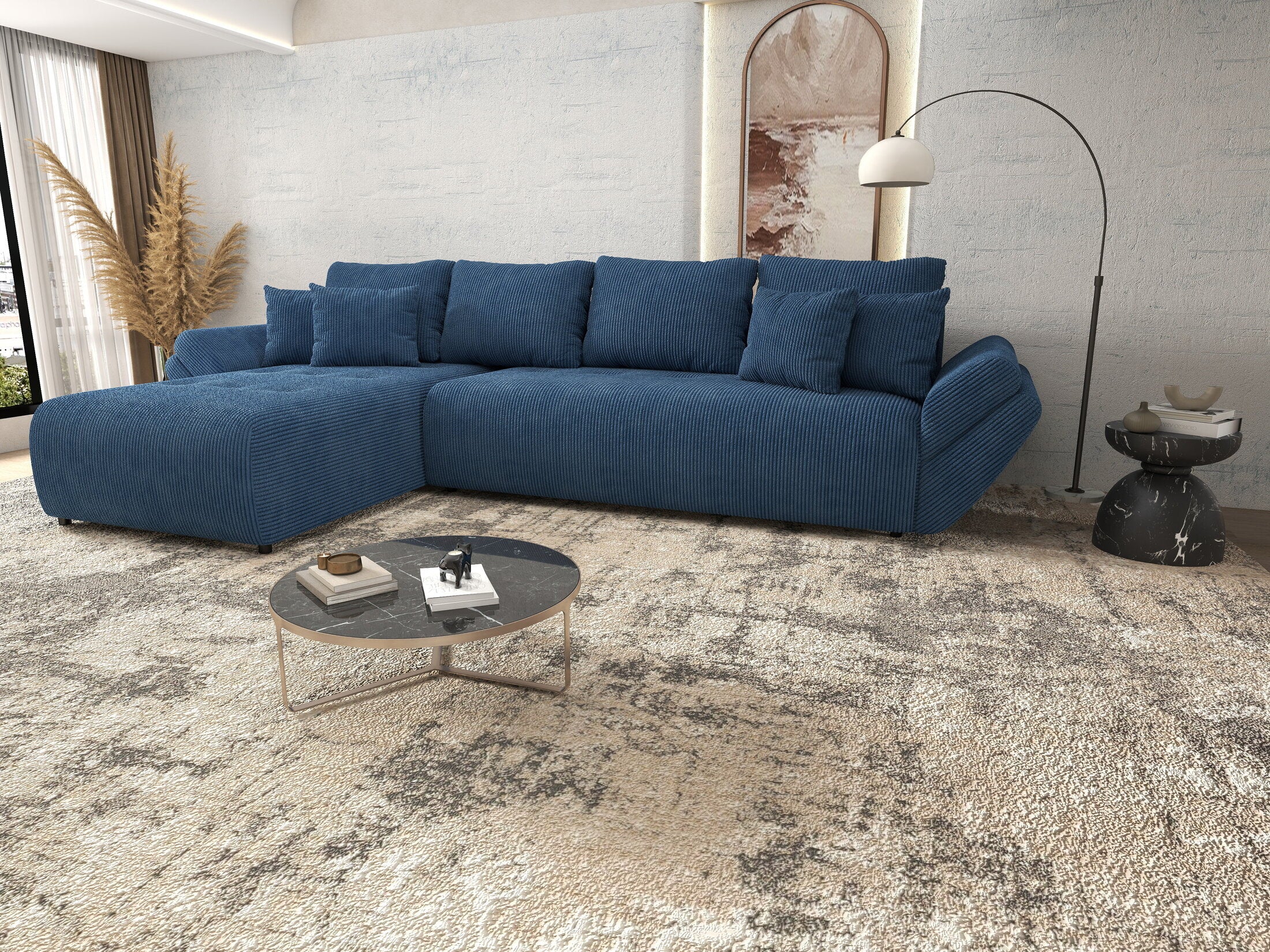 Colțar extensibil dumonde cu ladă de depozitare si sezut confortabil din spuma HR, Berlin XL Zoom Blue 350x185 cm