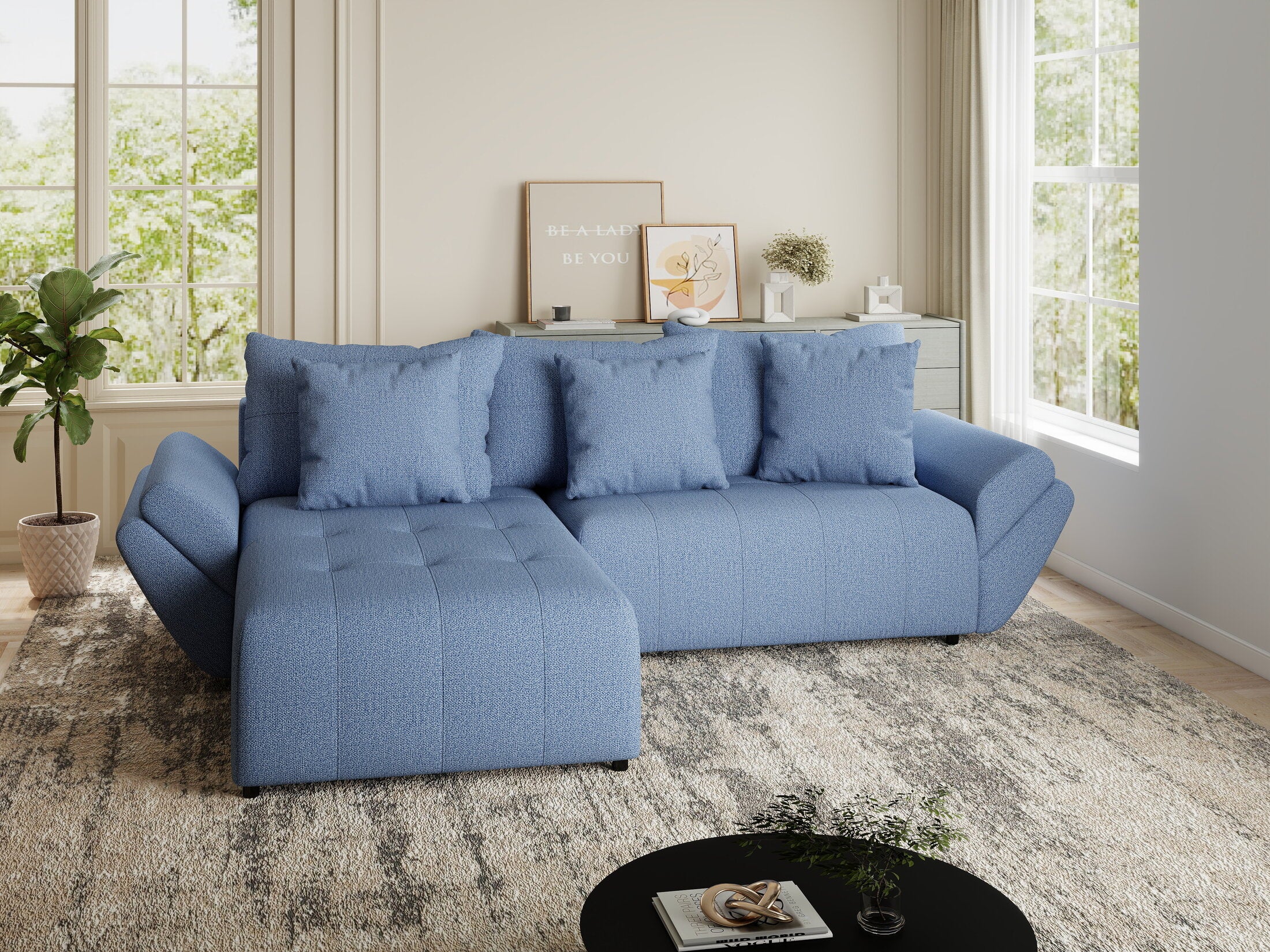 Colțar extensibil dumonde cu ladă de depozitare si sezut confortabil din spuma HR, Berlin Enjoy Albastru 280x185 cm