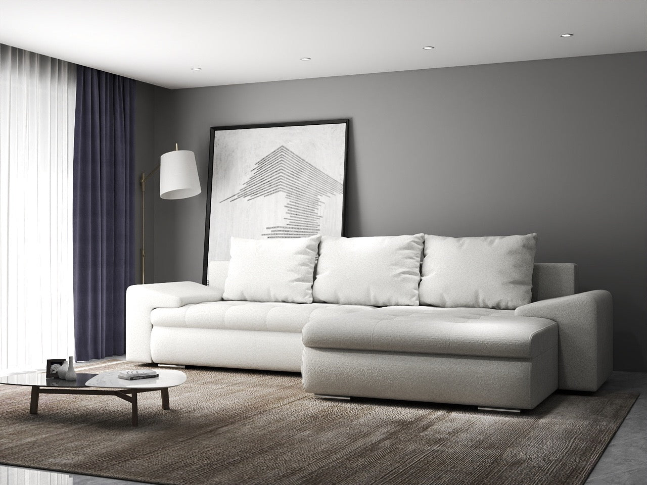 Colțar extensibil dumonde cu ladă de depozitare si sezut confortabil din spuma HR, Leonardo Euphoria Ivory 260x185 cm II Fabrica