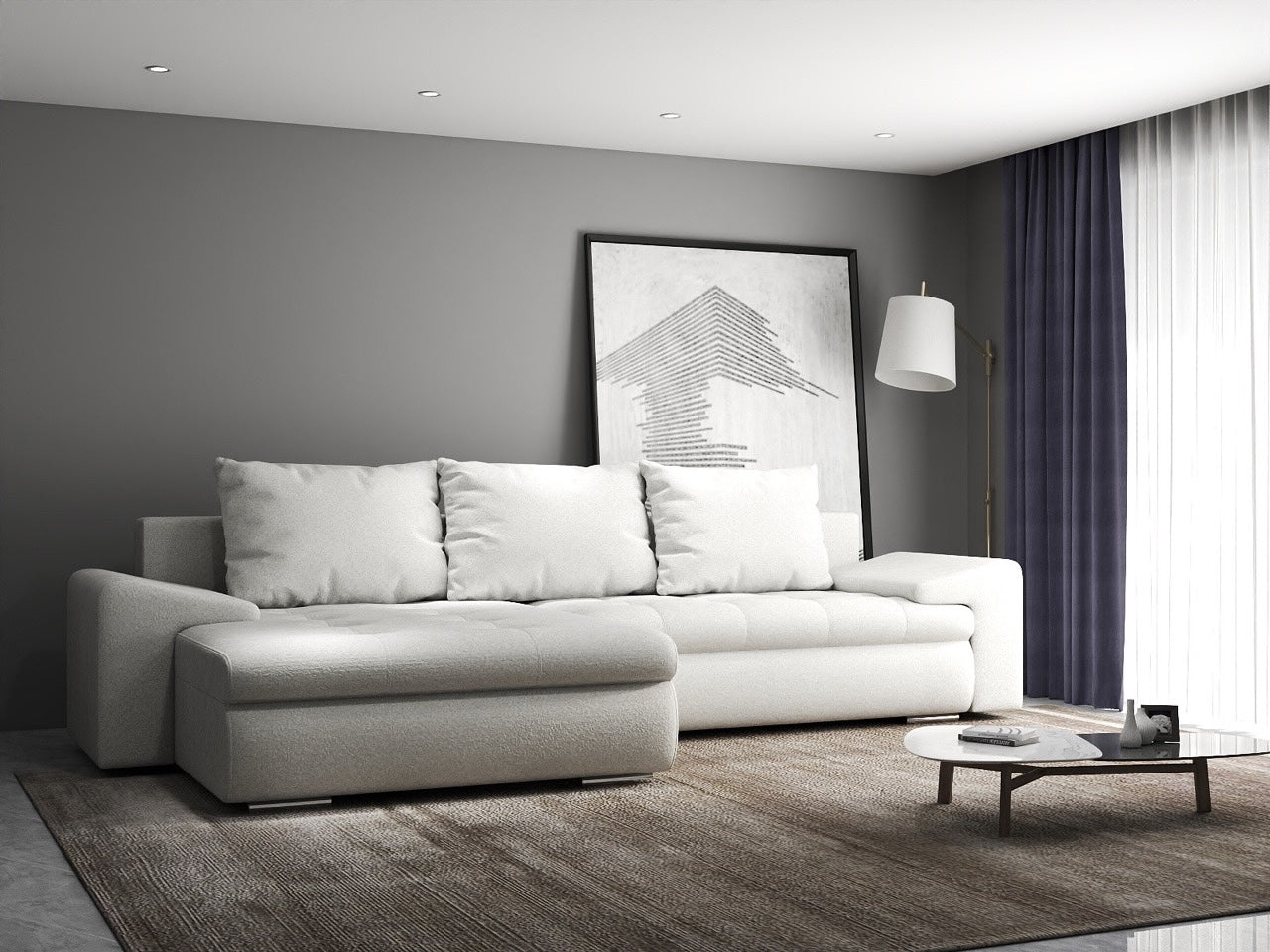 Colțar extensibil dumonde cu ladă de depozitare si sezut confortabil din spuma HR, Leonardo Euphoria Ivory 260x185 cm Fabrica