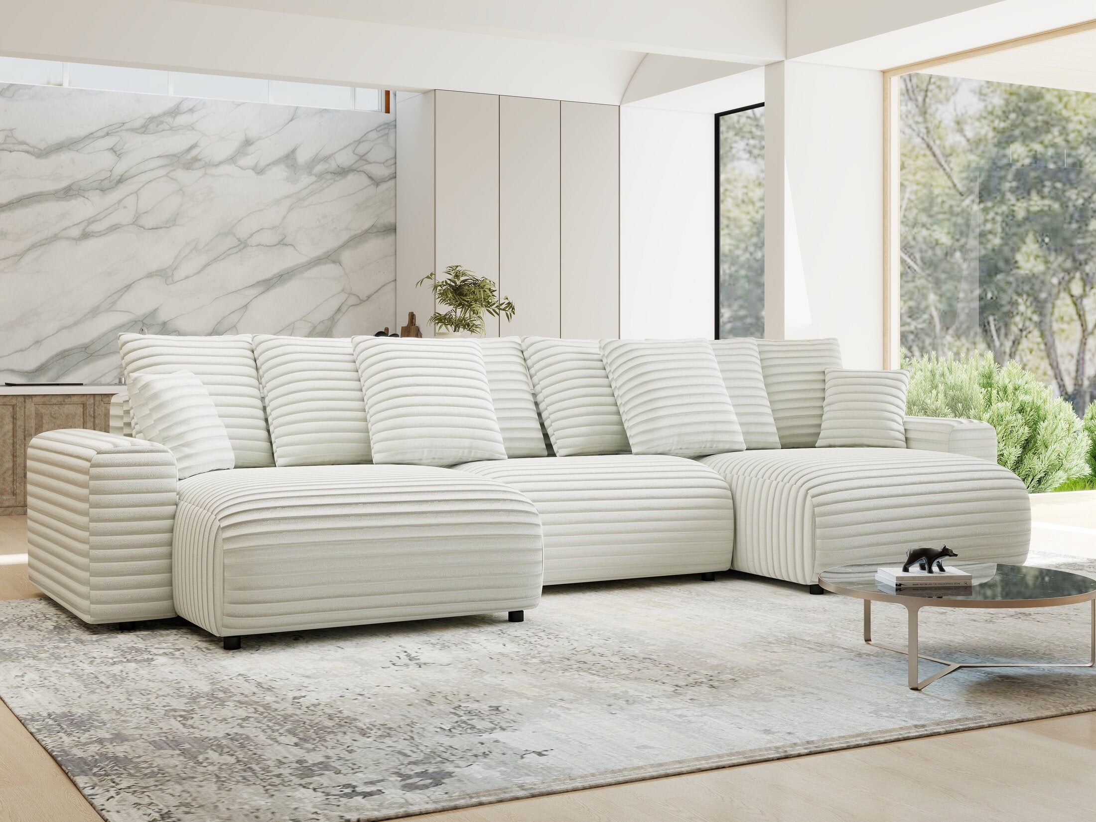 Colțar extensibil dumonde cu ladă de depozitare si sezut confortabil din spuma HR, Luma U Ambience Alb 336x140 cm