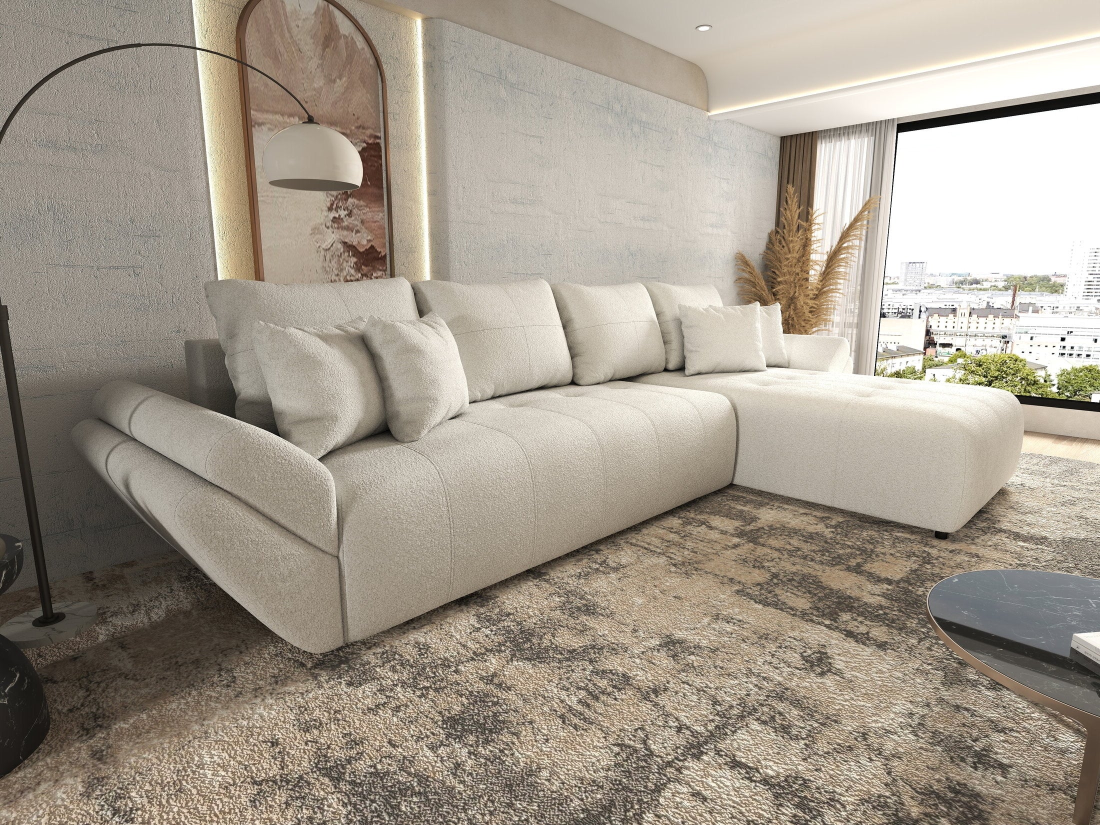 Colțar extensibil dumonde cu ladă de depozitare si sezut confortabil din spuma HR, Berlin XL Euphoria Ivory 350x185 cm II