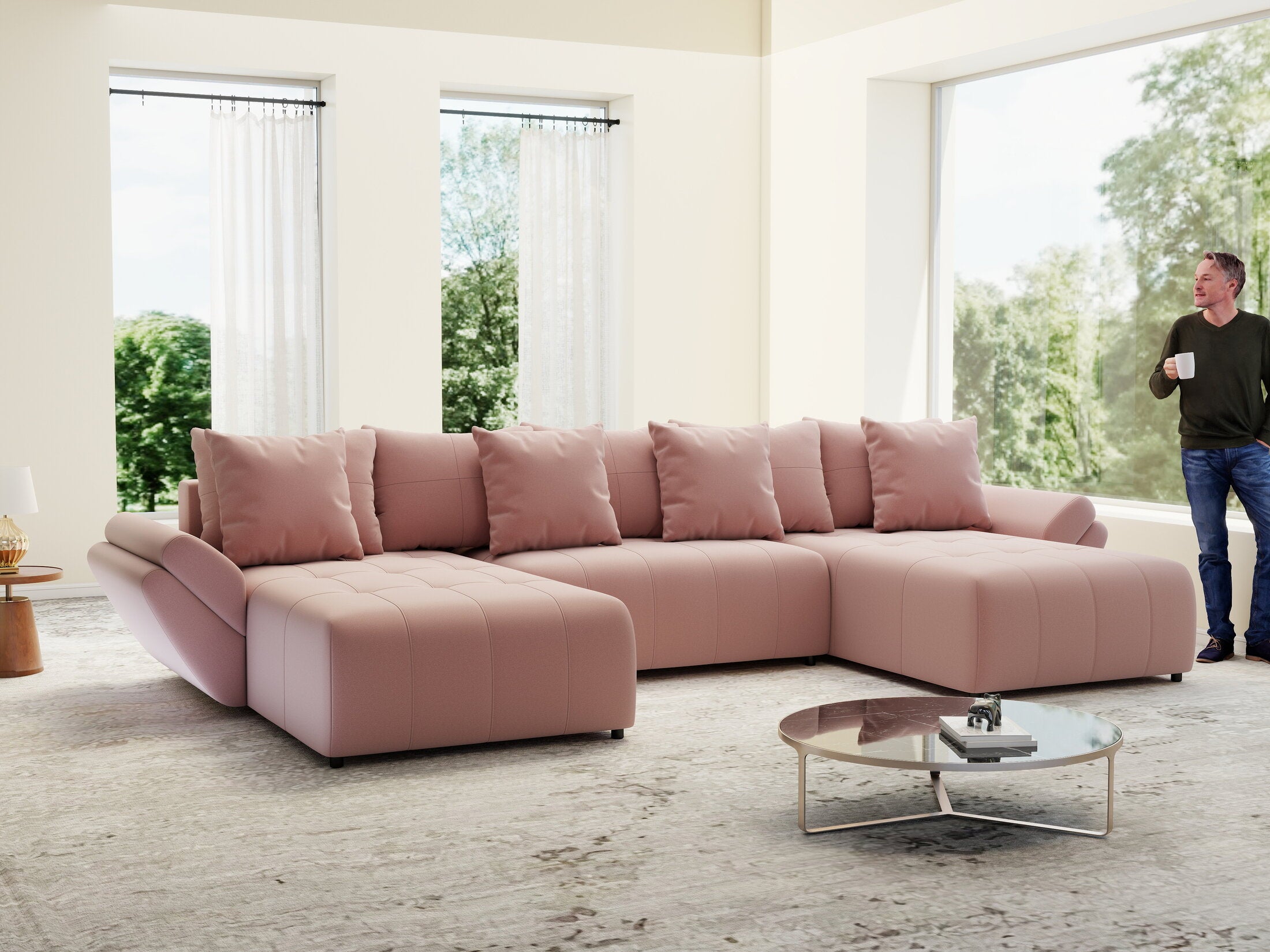 Colțar extensibil dumonde cu ladă de depozitare si sezut confortabil din spuma HR, Berlin U Royal Roz 380x180 cm