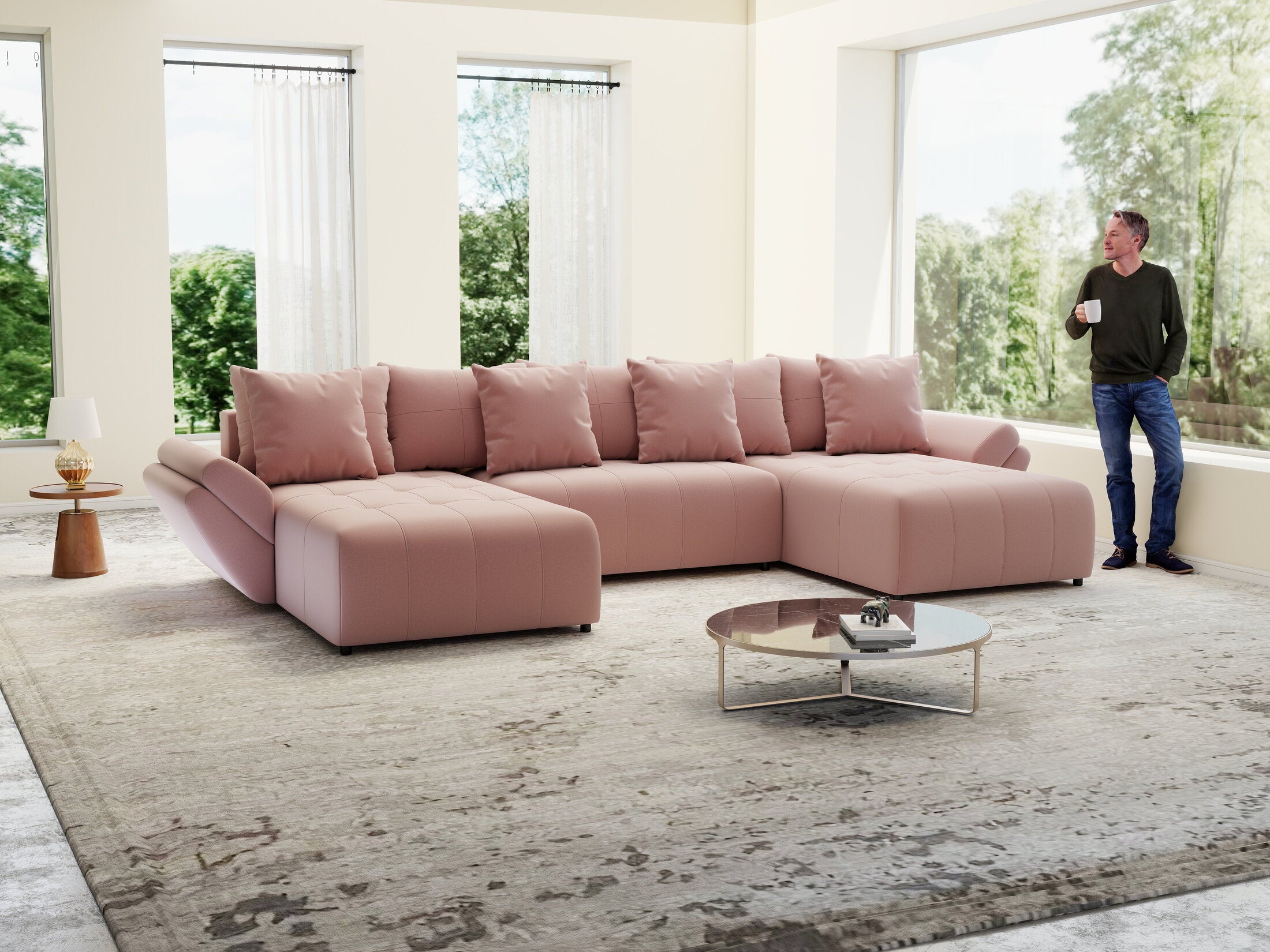 Colțar extensibil dumonde cu ladă de depozitare si sezut confortabil din spuma HR, Berlin U Royal Roz 380x180 cm