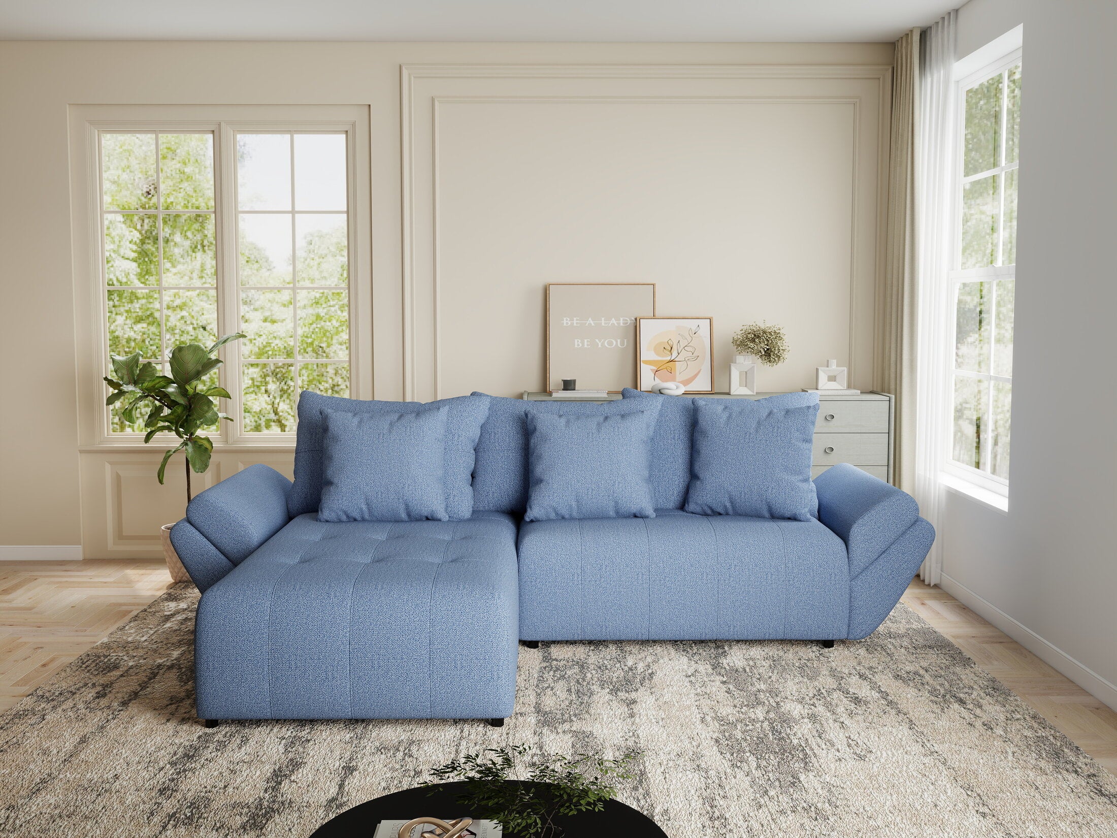 Colțar extensibil dumonde cu ladă de depozitare si sezut confortabil din spuma HR, Berlin Enjoy Albastru 280x185 cm