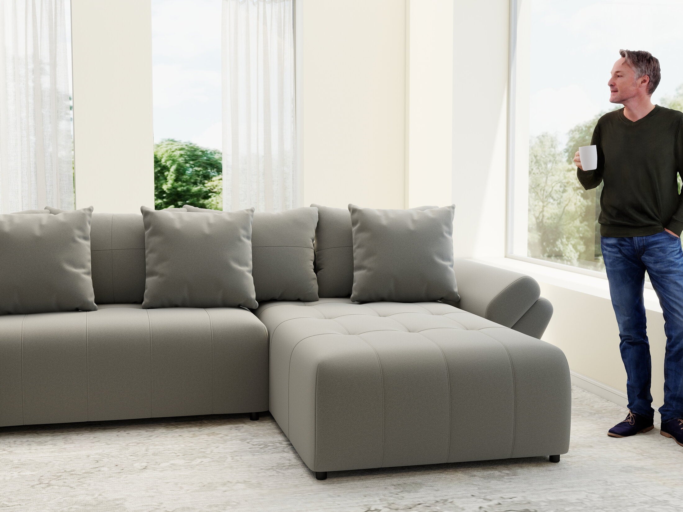 Colțar extensibil dumonde cu ladă de depozitare si sezut confortabil din spuma HR, Berlin U Royal Grey 380x180 cm