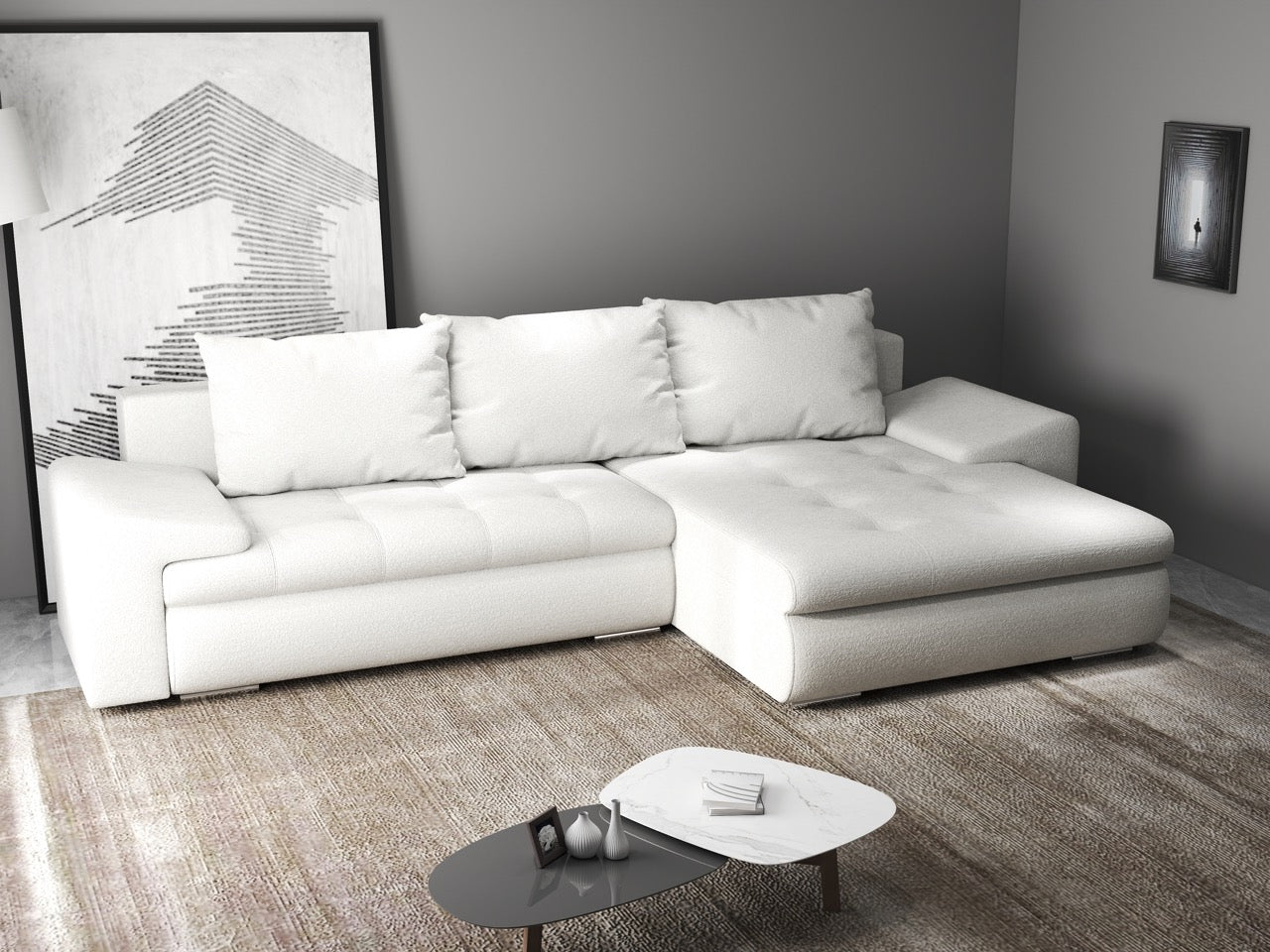 Colțar extensibil dumonde cu ladă de depozitare si sezut confortabil din spuma HR, Leonardo Euphoria Ivory 260x185 cm II Fabrica