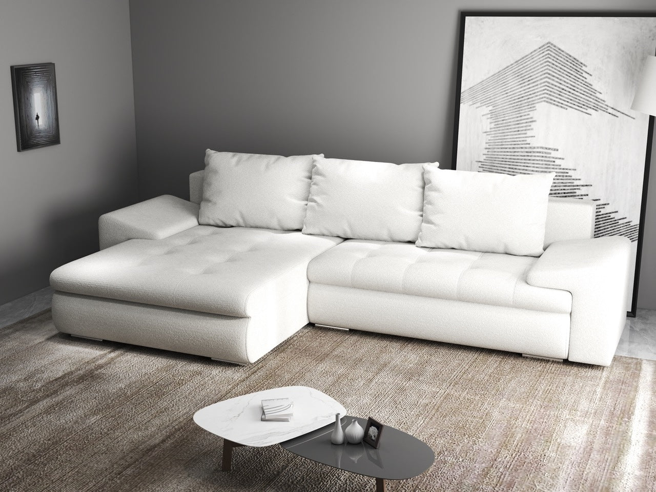 Colțar extensibil dumonde cu ladă de depozitare si sezut confortabil din spuma HR, Leonardo Euphoria Ivory 260x185 cm Fabrica
