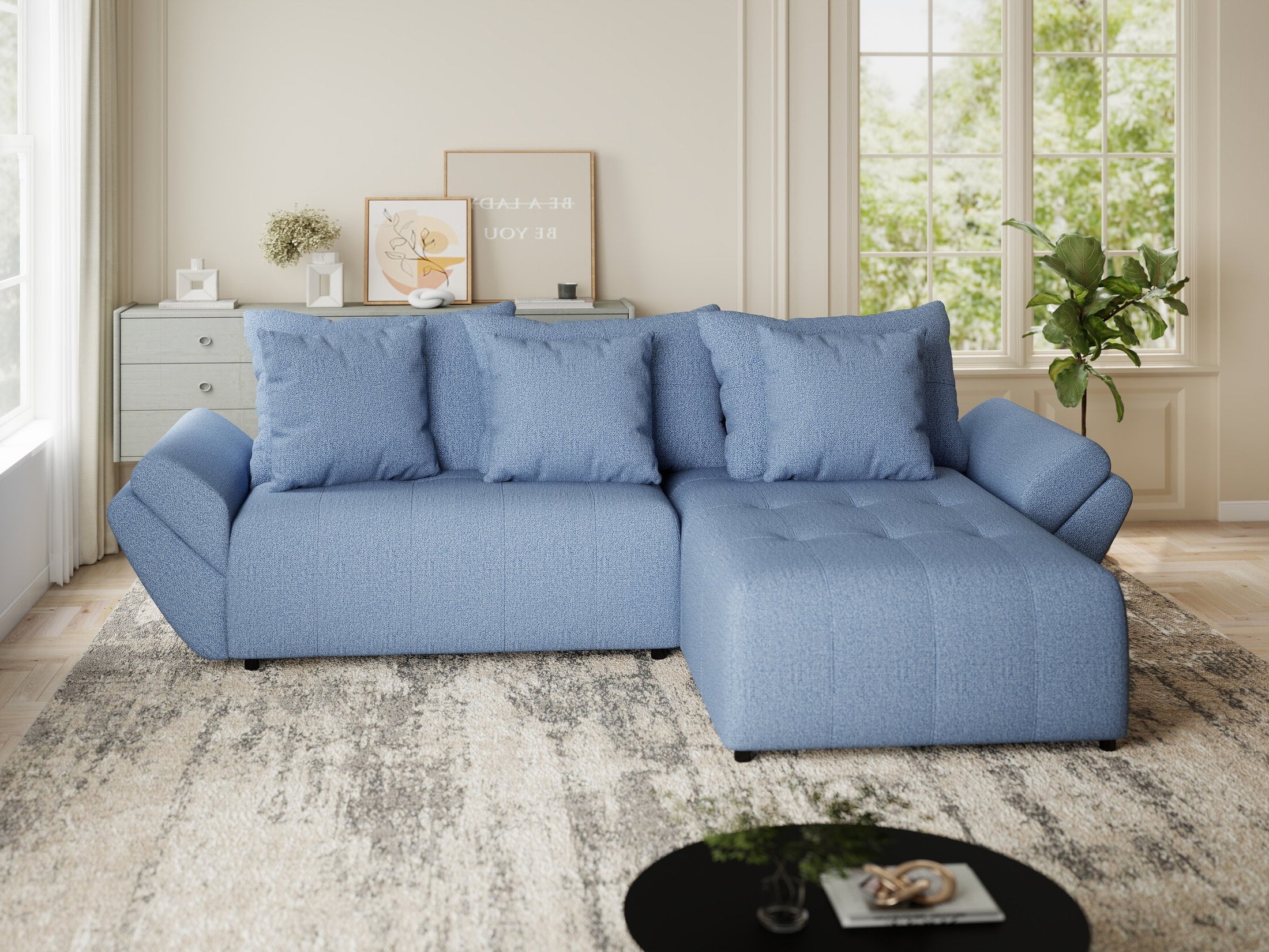 Colțar extensibil dumonde cu ladă de depozitare si sezut confortabil din spuma HR, Berlin Enjoy Albastru 280x185 cm II