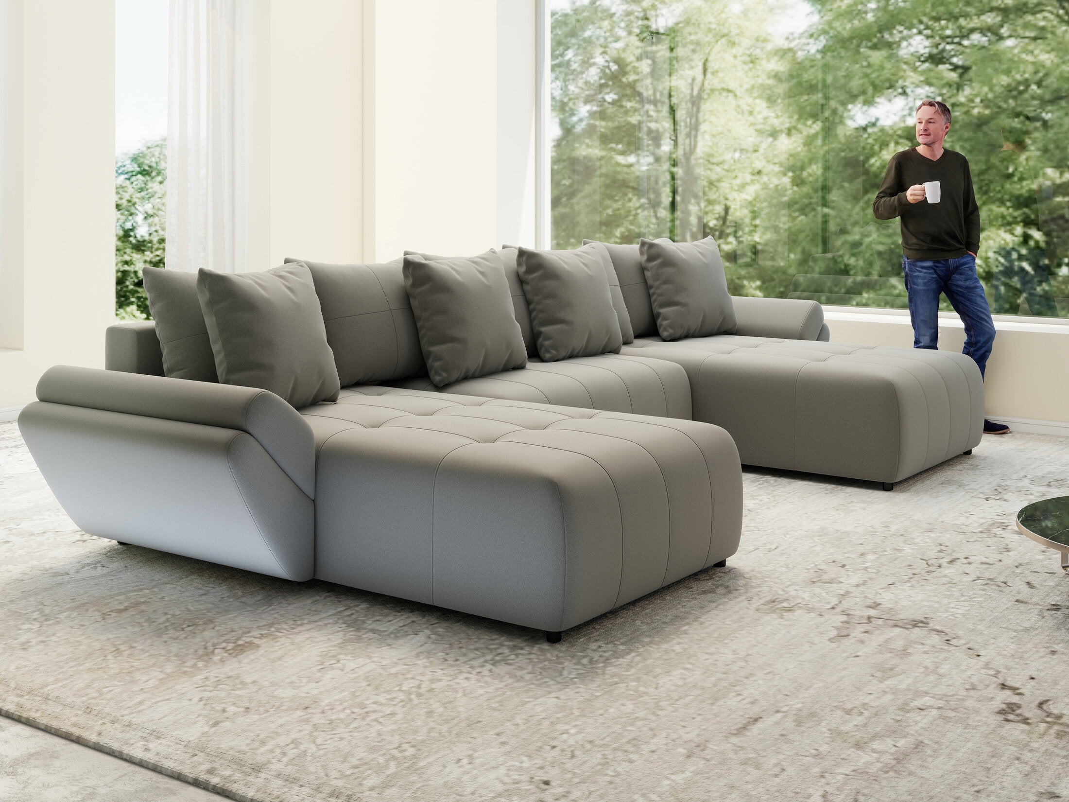 Colțar extensibil dumonde cu ladă de depozitare si sezut confortabil din spuma HR, Berlin U Royal Grey 380x180 cm