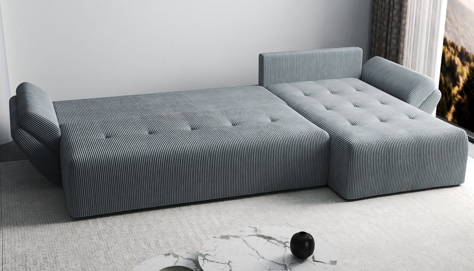 Colțar extensibil dumonde cu ladă de depozitare si sezut confortabil din spuma HR, Berlin XL Zoom Grey II 350x185 cm Fabrica