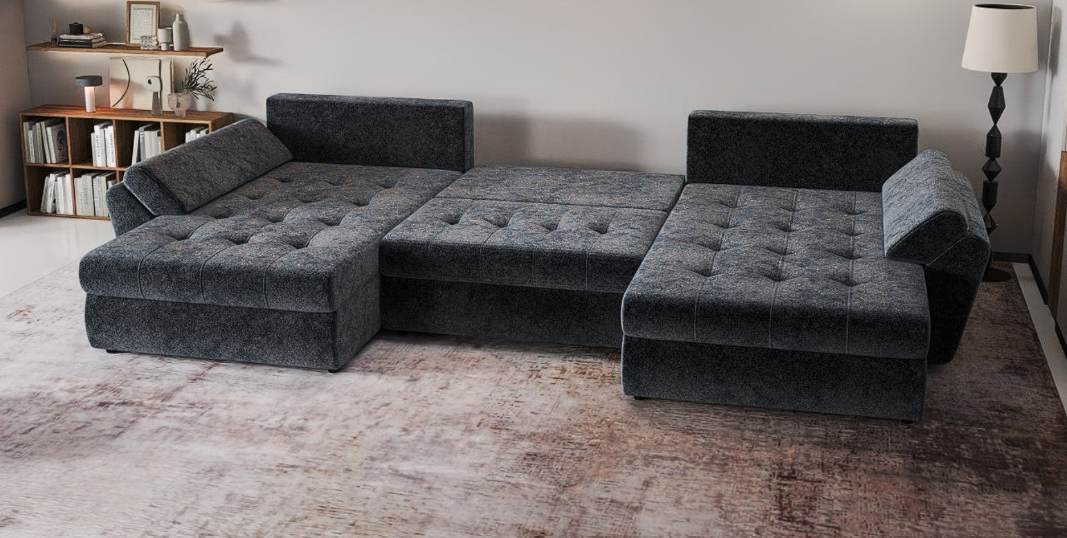 Colțar extensibil dumonde cu ladă de depozitare si sezut confortabil din spuma HR, Loana U Euphoria Grafit 355x185 cm Fabrica